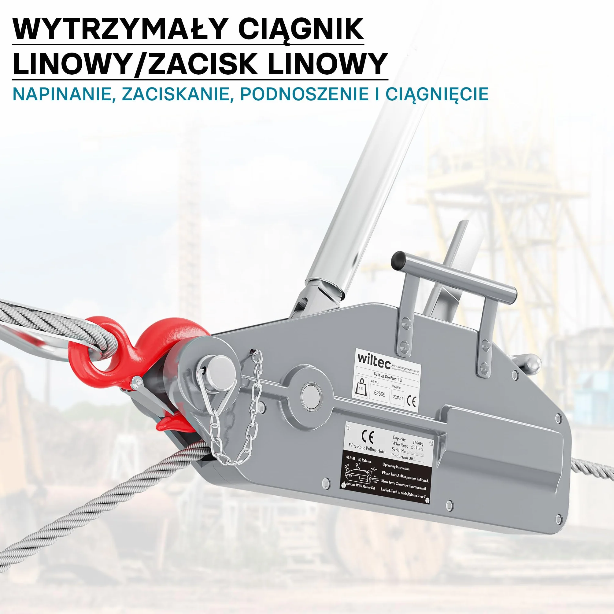 Wiltec Ręczna wciągarka linowa 1600 kg stalowa lina 20 m Ø 11 mm hak z blokadą