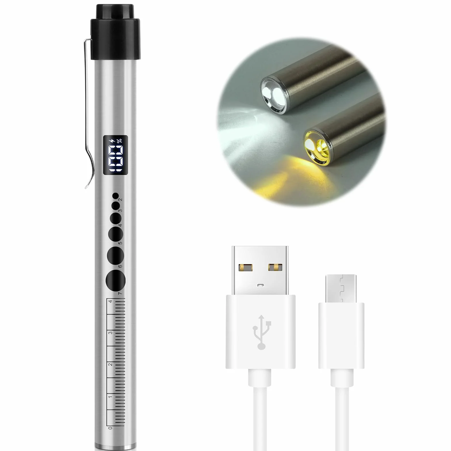 Flintronic Upillenleuchte Medizin, 1 sztuka Lampa diagnostyczna z wyświetlaczem cyfrowym, urządzenie do pomiaru źrenic i linijka, ładowana przez USB, latarka LED do oczu dla pielęgniarek i studentów