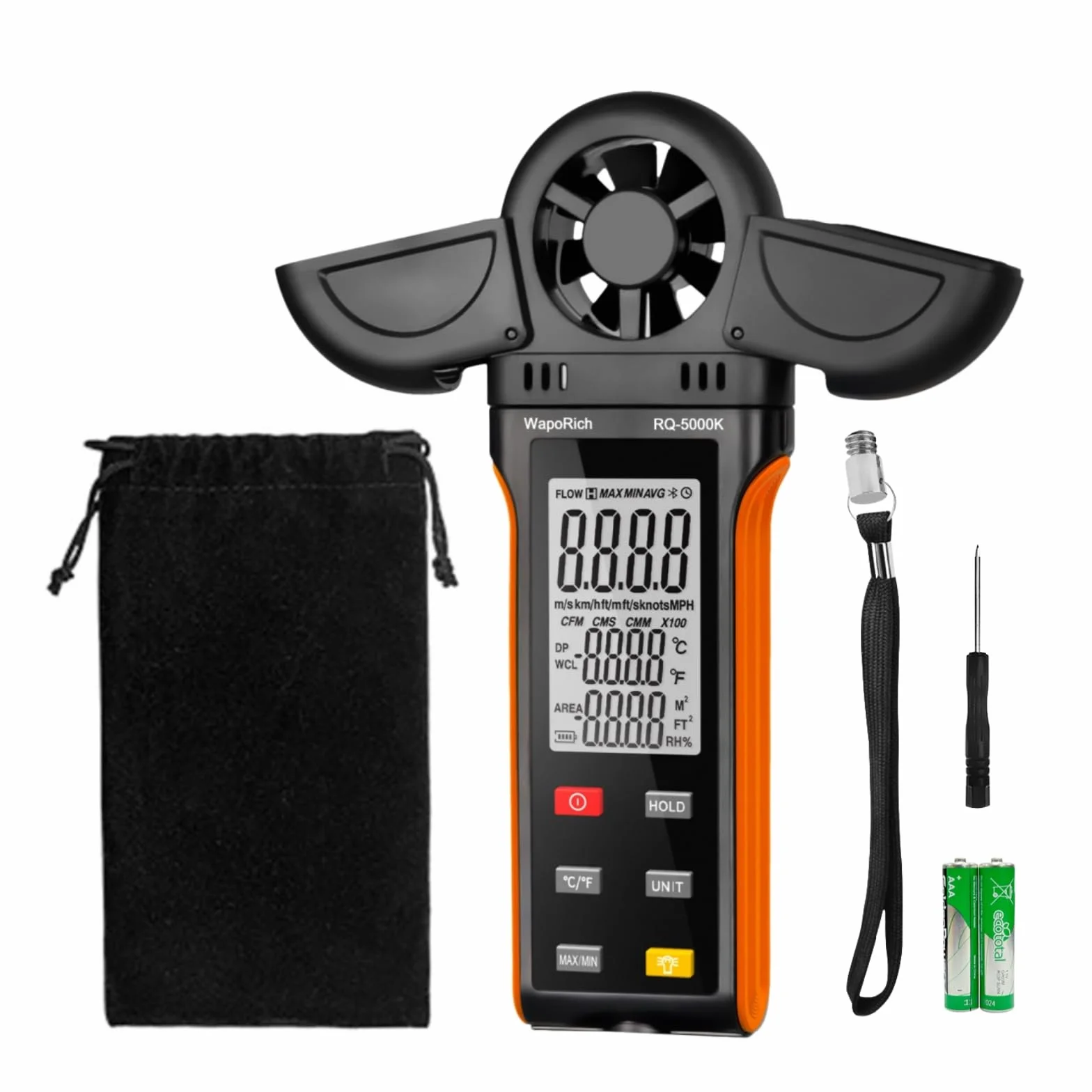 RQ-5000K Pro ręczny anemometr HVAC do przepływu powietrza CFM i prędkości wiatru, miernik prędkości wiatru, pomiar prędkości wiatru, temperatury% punktu rosy RH, synchronizacja USB do