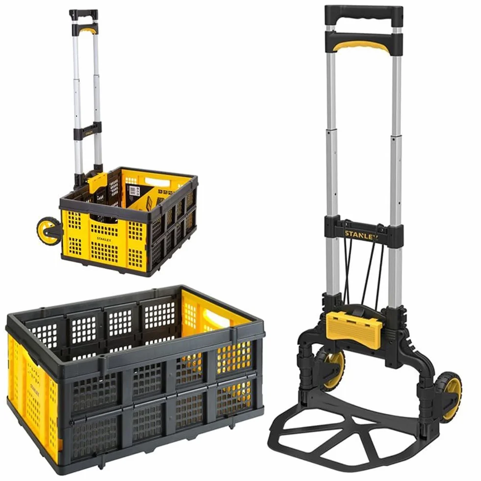Stanley Składany wózek transportowy i składana skrzynia FT501/FT505 – wózek transportowy 70 kg – składana skrzynia 25 kg – zakupy, obsługa i przeprowadzka – czarny/żółty