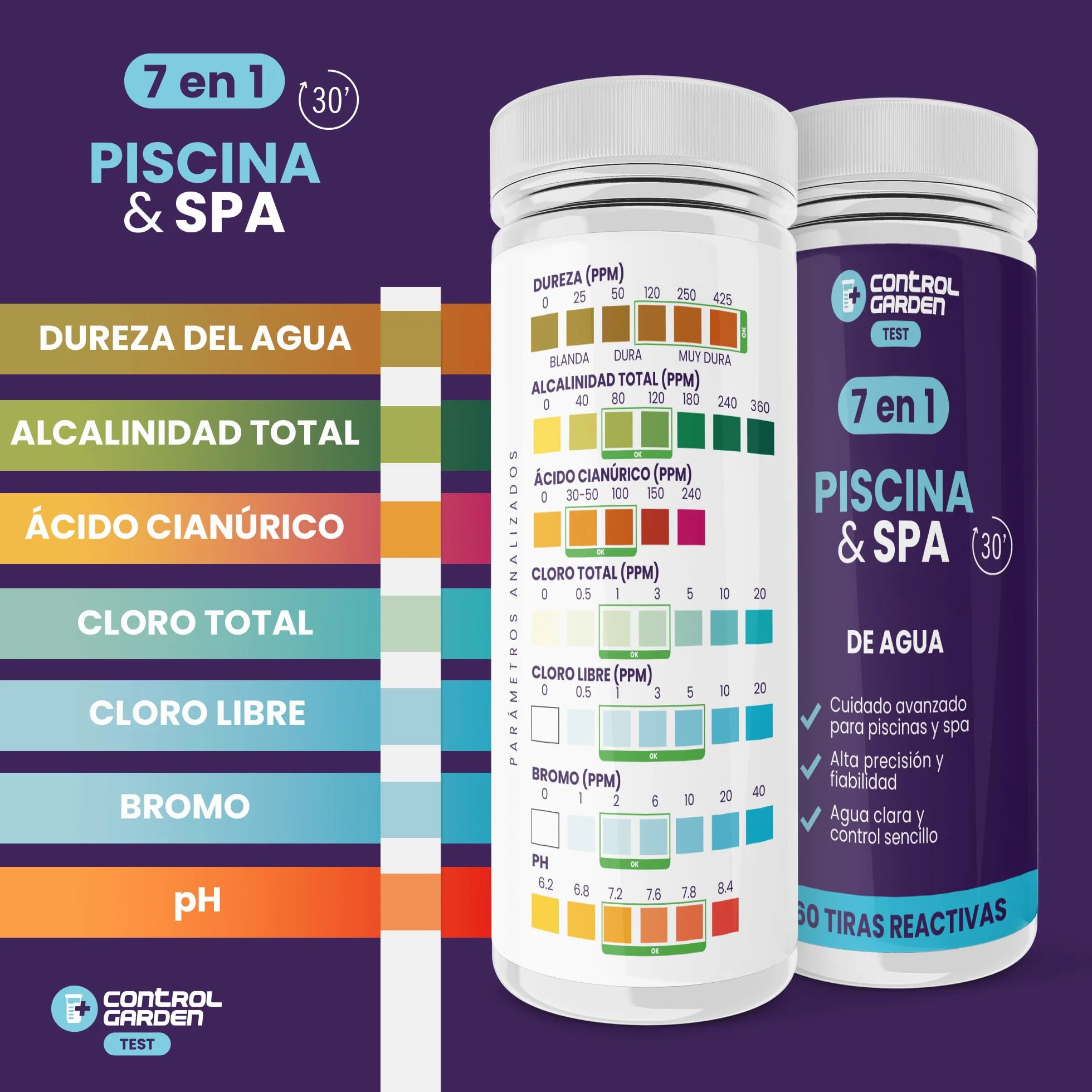 GARDEN STEROWANIE 160 pasów testowych 7 w 1 | Test basenu i spa | Miernik pH, wolny i całkowity chlor, brom, zasadowość, twardość, kwas cyjanurowy w wodzie | Analiza 30s | Dokładna kontrola