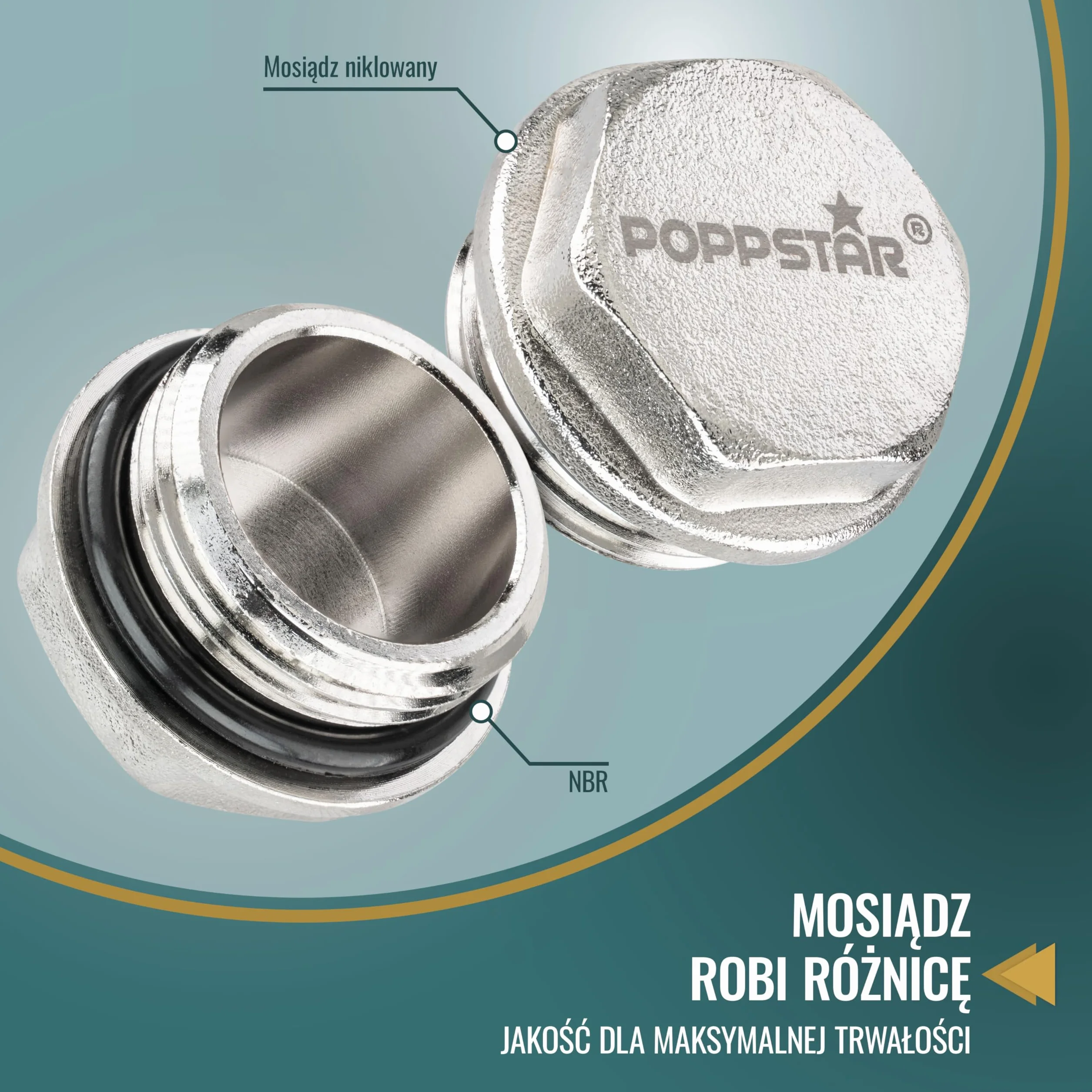 Poppstar Korki mosiężne (gwint zew.3/4" (32mm), maks. 50bar, sześciokąt 26mm) z samouszczelniającym gumowym pierścieniem 3/8", 4 sztuki