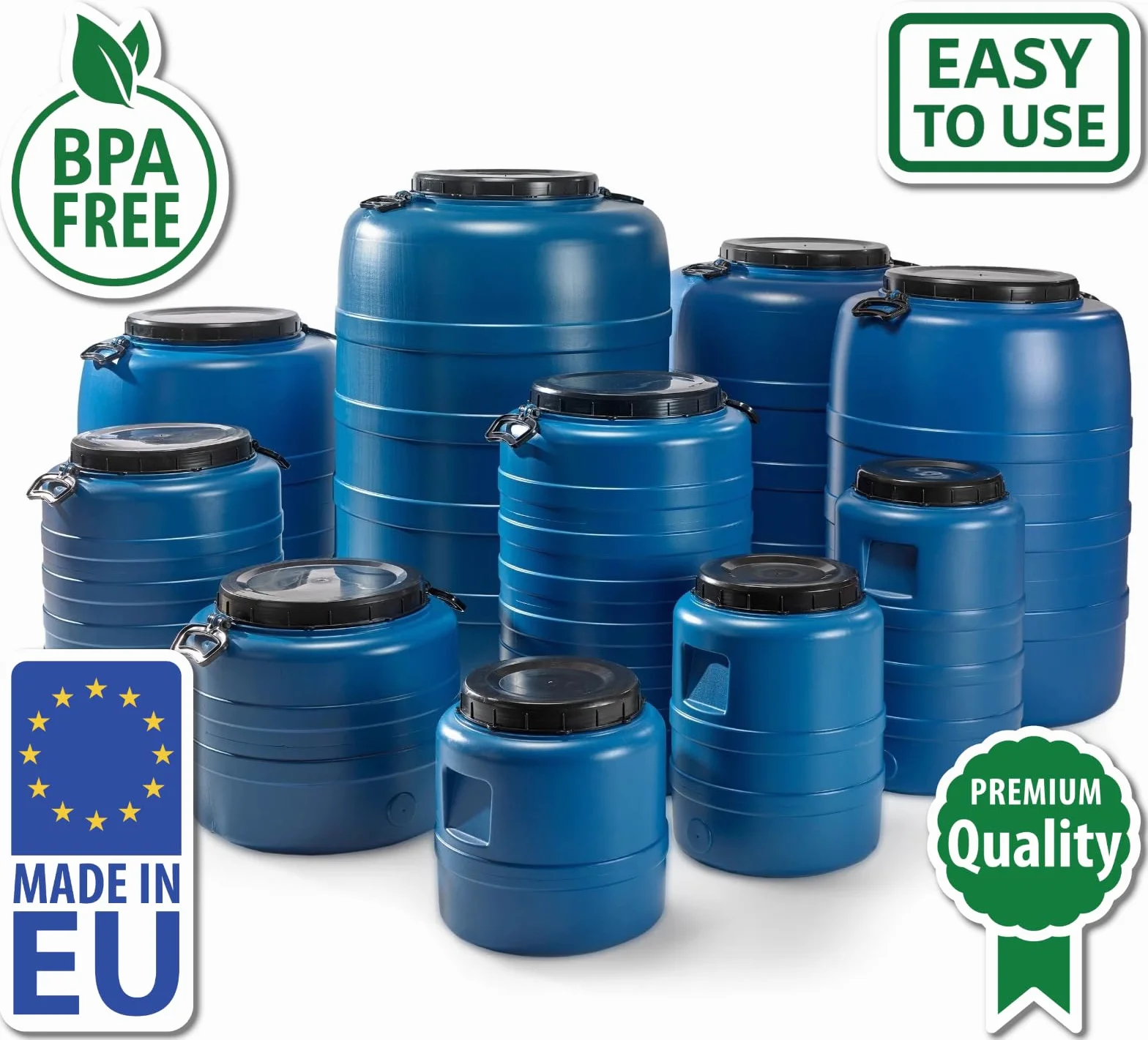 F & R Zbiornik na deszczówkę, 90 l, z uchwytami i kranem odpływowym z pokrywką, HDPE, przeznaczony do kontaktu z żywnością, stabilny pojemnik na wodę, beczka na deszczówkę, zbiornik na wodę do ogrodu