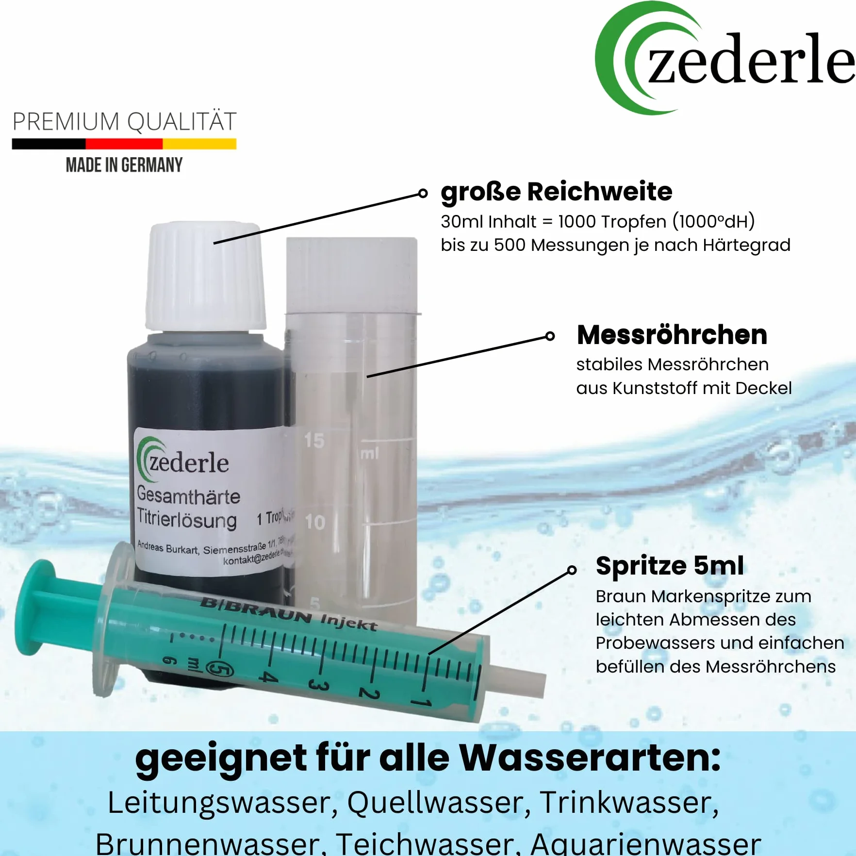 Zederle Zestaw do testowania twardości wody 30 ml 40-500 pomiarów Made in Germany