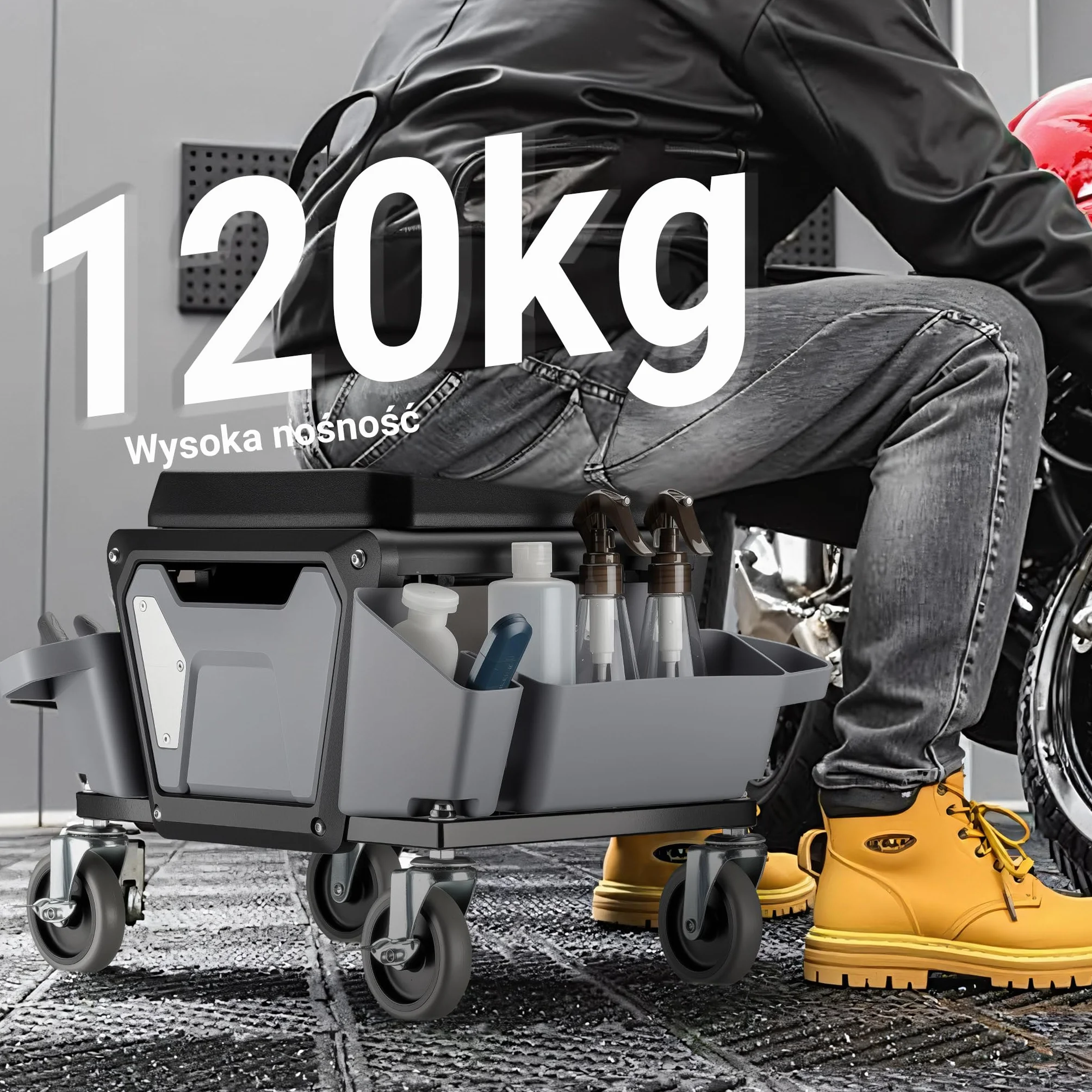 Wiltec Taboret warsztatowy do 120kg z dwoma pojemnikami i szufladą na narzędzia 53 x 38 x 38 cm do prac w warsztacie