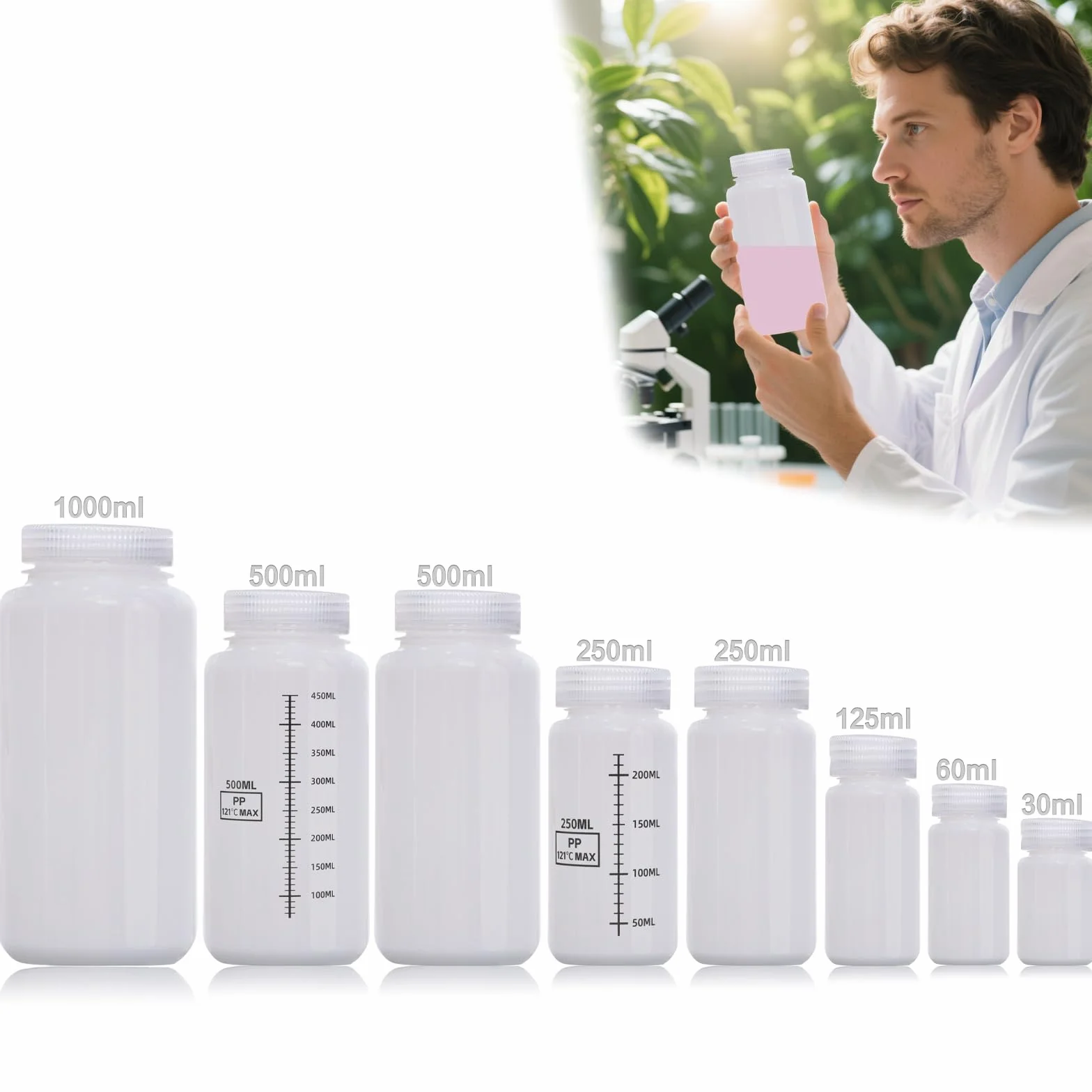 Butelki laboratoryjne HDPE 500 ml z szeroką szyjką, szczelne, plastikowe
