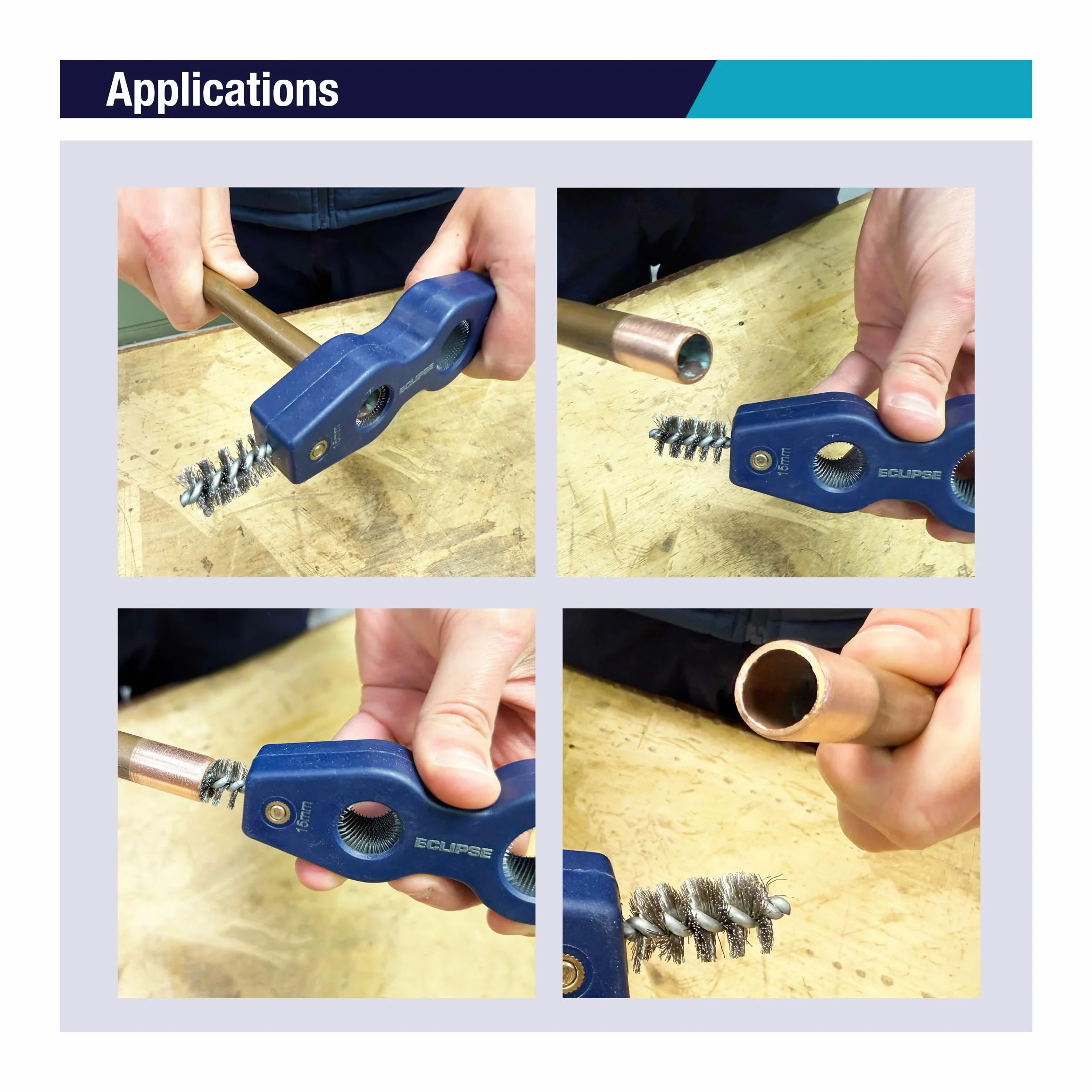 Eclipse Professional Tools E4IN1PCDT Narzędzie 4w1 do Czyszczenia i Gratowania Rur – czyszczenie wewnętrzne/zewnętrzne rur 15 i 22 mm, szczotka stalowa, usuwa rdzę i korozję