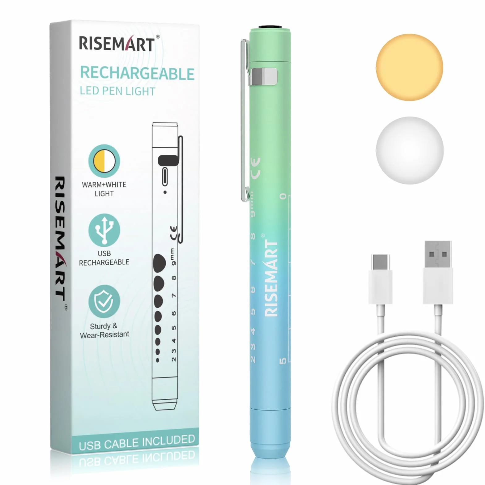RISEMART Lampa źrenicy, lampa diagnostyczna z miernikiem źrenic i linijką, ciepła/zimna biel, ładowana przez USB LED lampa długopisowa dla pielęgniarek, możliwość ponownego ładowania (gradient