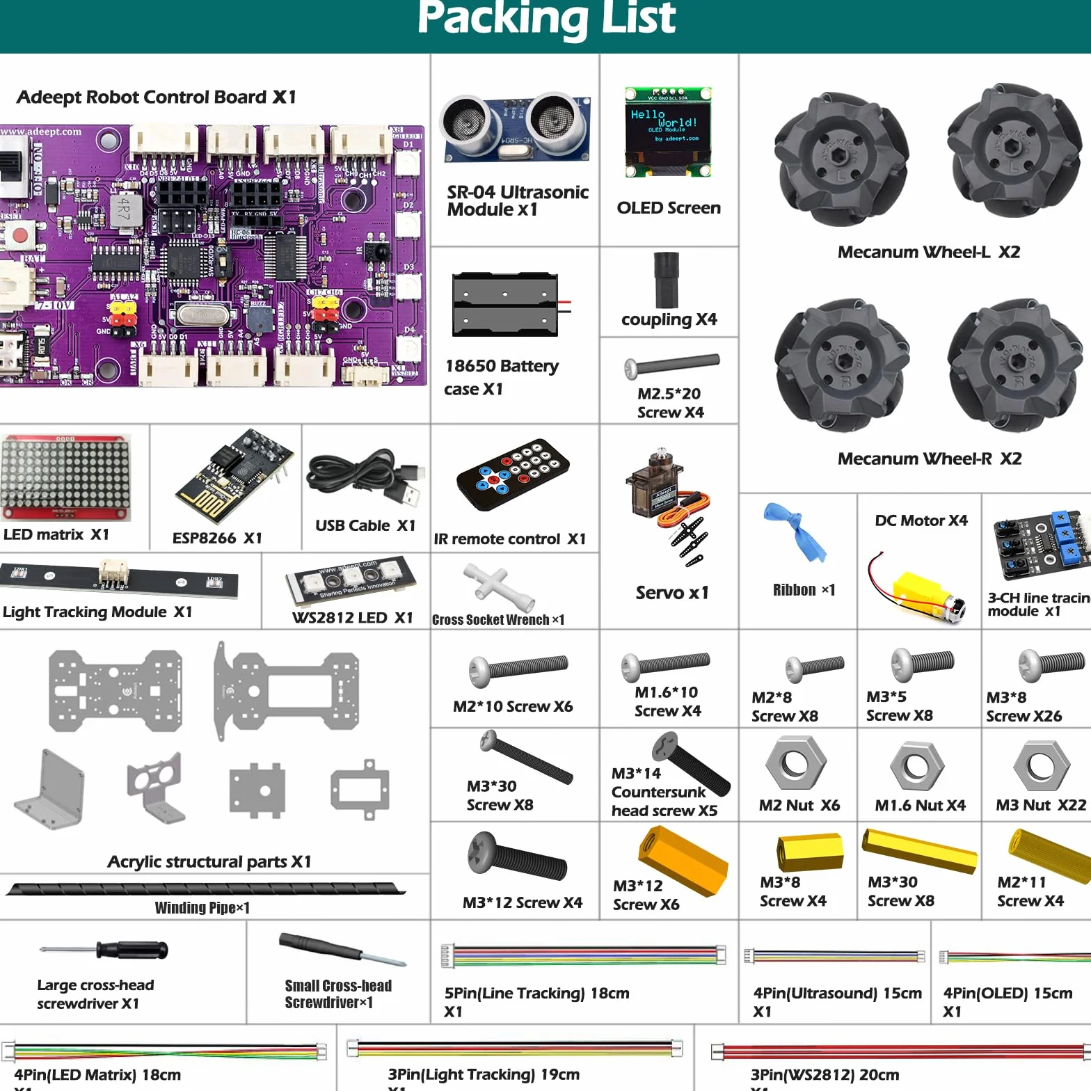 Adeept Mecanum Wheel Smart Car Kit (kompatybilny z Arduino IDE), śledzenie linii, śledzenie światła, unikanie przeszkód, silnik serwo, wyświetlacz OLED, brzęczyk, wyświetlacz LED Dot Matrix