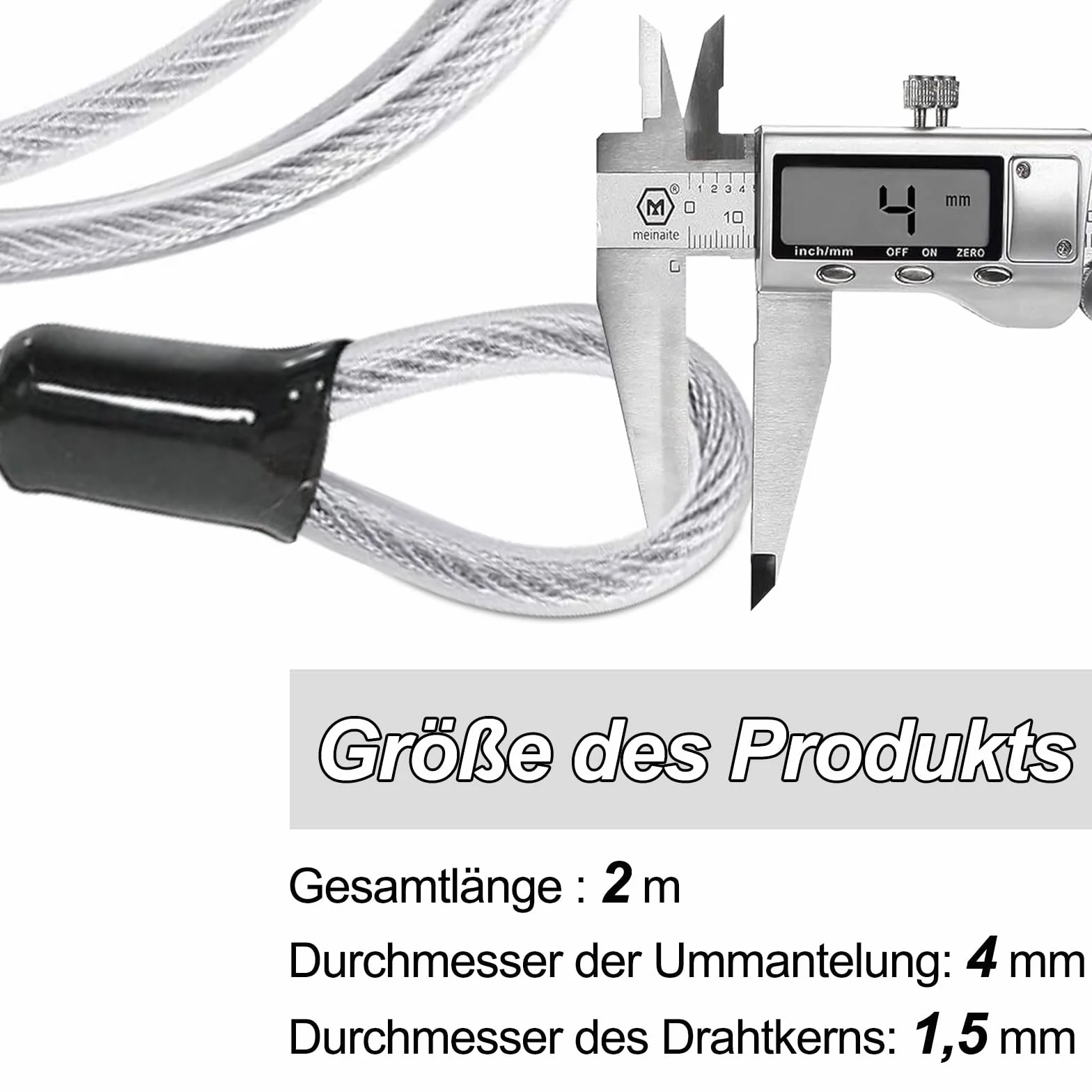 Kabel ze szlufkami, linka stalowa z oczkami, długość 2 m, grubość 4 mm, z osłoną z tworzywa sztucznego, do rowerów, zapięcia kablowe (2 sztuki srebrne)