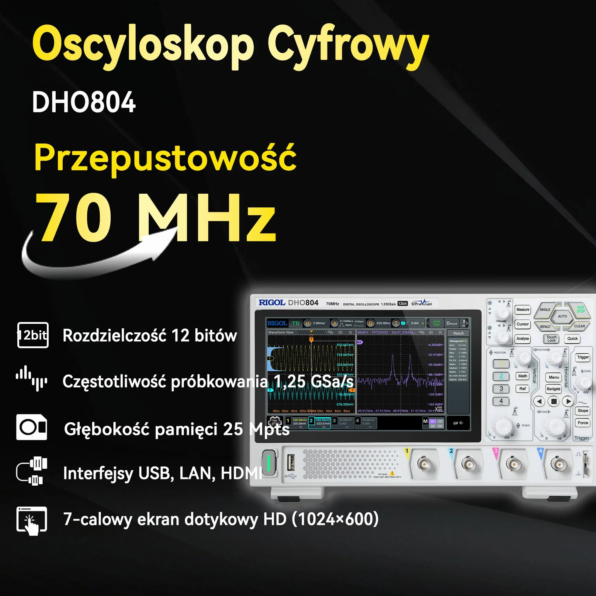 RIGOL Oscyloskop,DHO804 Przenośny Cyfrowy Oscyloskop,pasmo przenoszenia 70 MHz,4 kanały analogowe, Rozdzielczość pionowa 12 bitów,niski poziom szumów,obsługa zasilania przenośnego