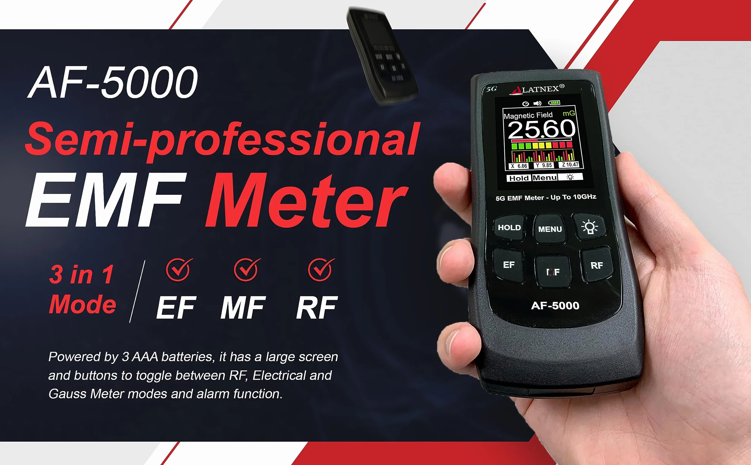 LATNEX AF-5000 Trójosiowy tester EMF 5G RF mikrofalówka i pola elektryczne ELF z certyfikatem kalibracji