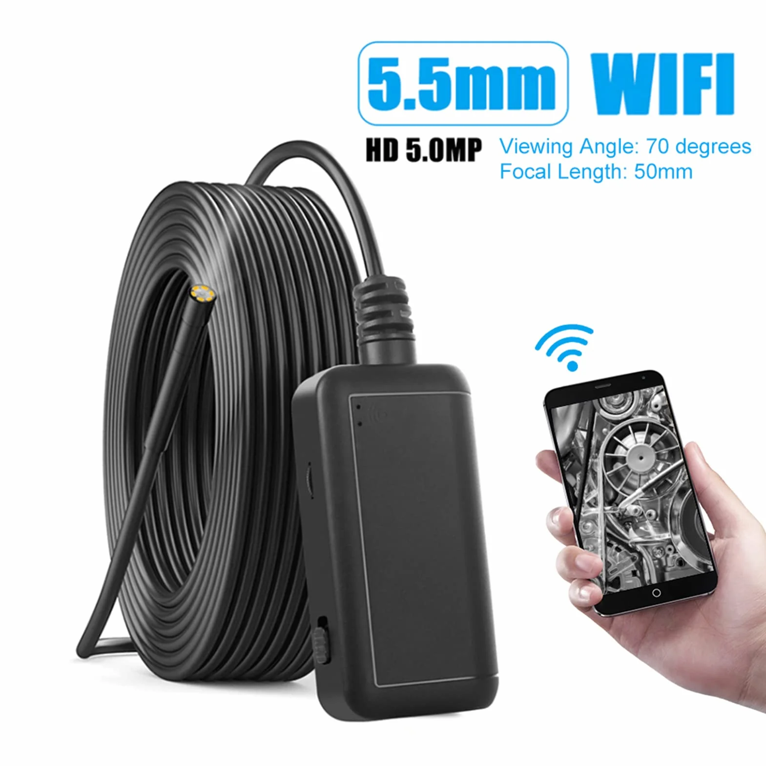 6 Diod LED świeci Endoskop WiFi, Kamera Inspekcyjna Boroskopu USB do Smartfonów z Systemem IOS/Android - Wodoodporne Soczewki IP67, średnica Obiektywu Mini 0,2 Cala, Kamera o Wysokiej(10m cable)