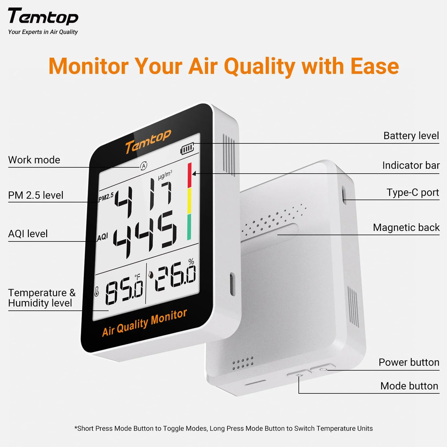 Temtop Monitor jakości powietrza PM2.5 wewnętrzny cyfrowy higrometr termometr monitor wilgotności do domowego biura sypialni salonu S1 up