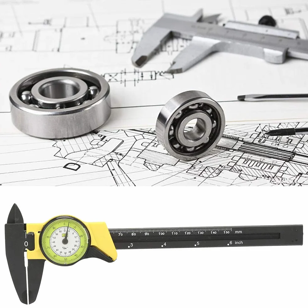 150mm z Tworzywa Sztucznego Dial Vernier, Analogowa Farba Zapadkowa Yctze Vernier Caliper Miernik Narzędzie do Pomiaru z Tworzywa Sztucznego Trwała Tarcza Szybko (żółty (imperialny))