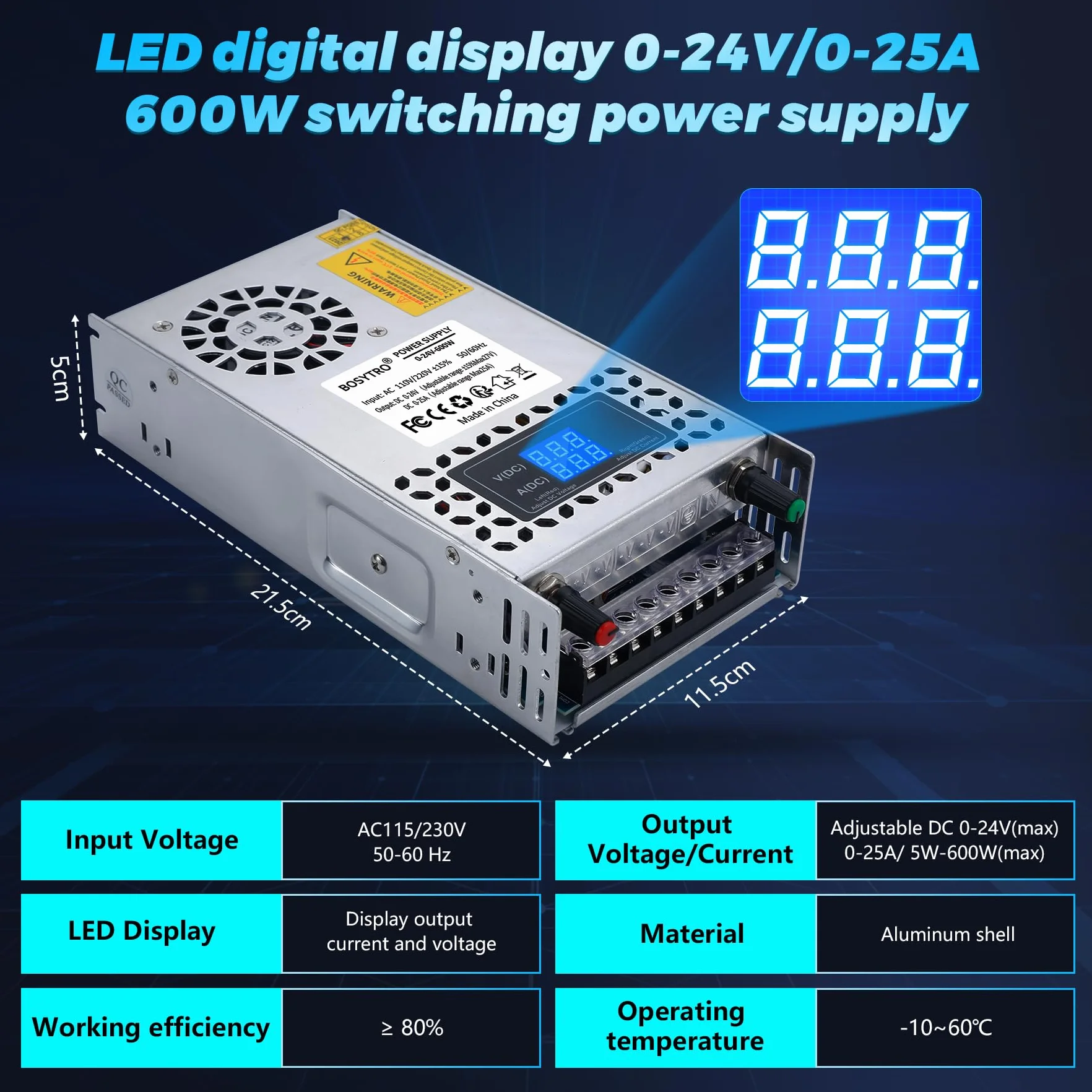 Regulowany zasilacz impulsowy DC 0-24V 0-25A 600W AC110/220V z cyfrowym wyświetlaczem