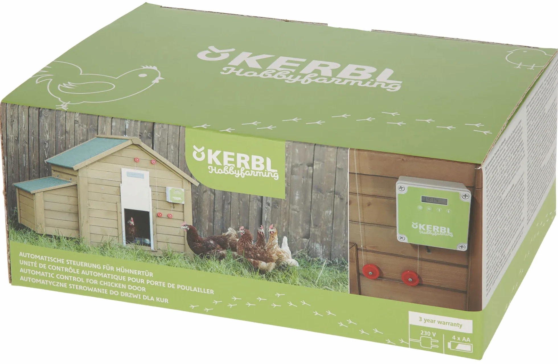 Kerbl Hobbyfarming Automatyczna kontrola drzwi dla kurczaków, sterowanie klapą dla kurczaków, plastik, z czujnikiem światła, 3-letnia gwarancja