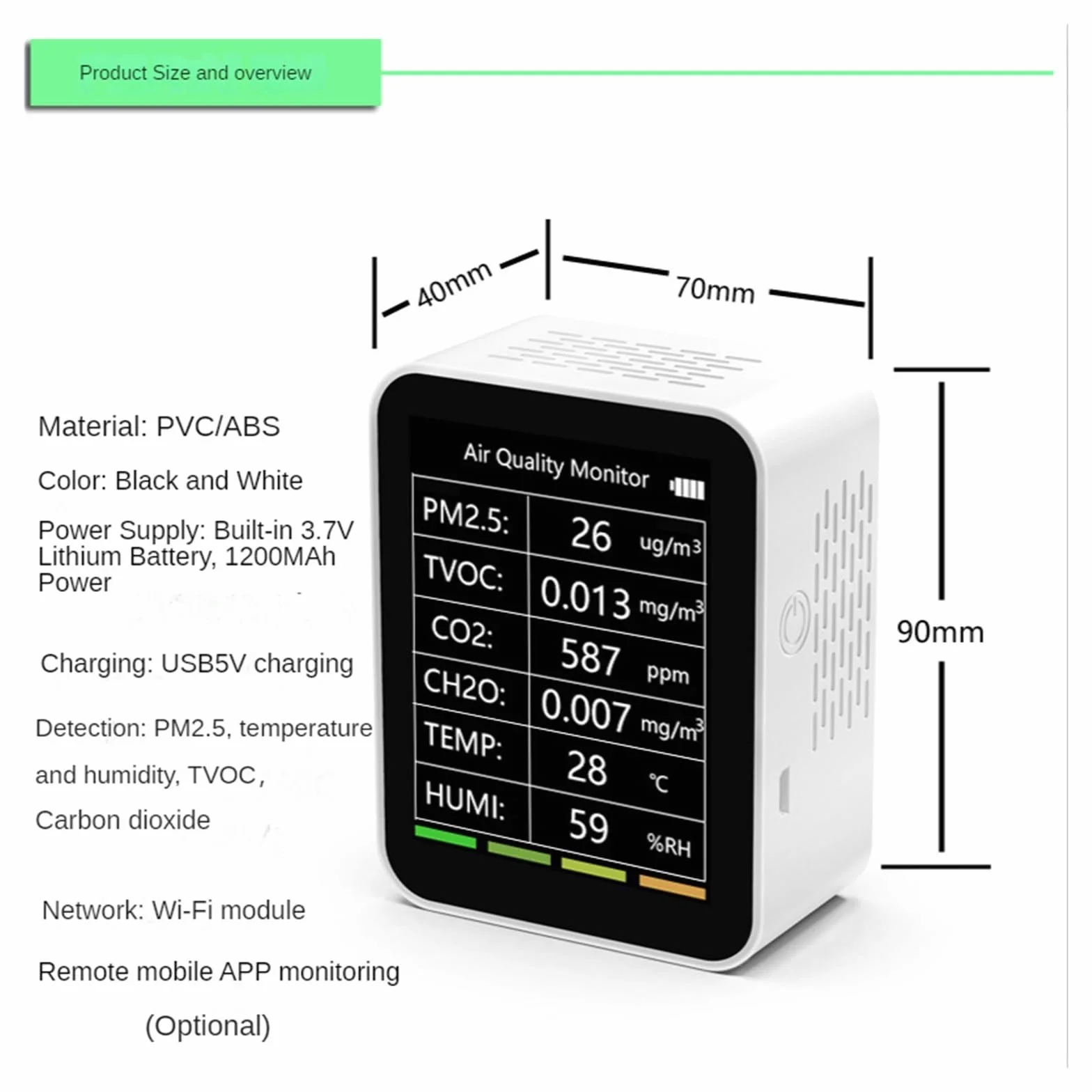 Tuya 6 w 1 detektor jakości powietrza CO2 PM2.5 TVOC CH2O monitor formaldehydu z wyświetlaczem TFT
