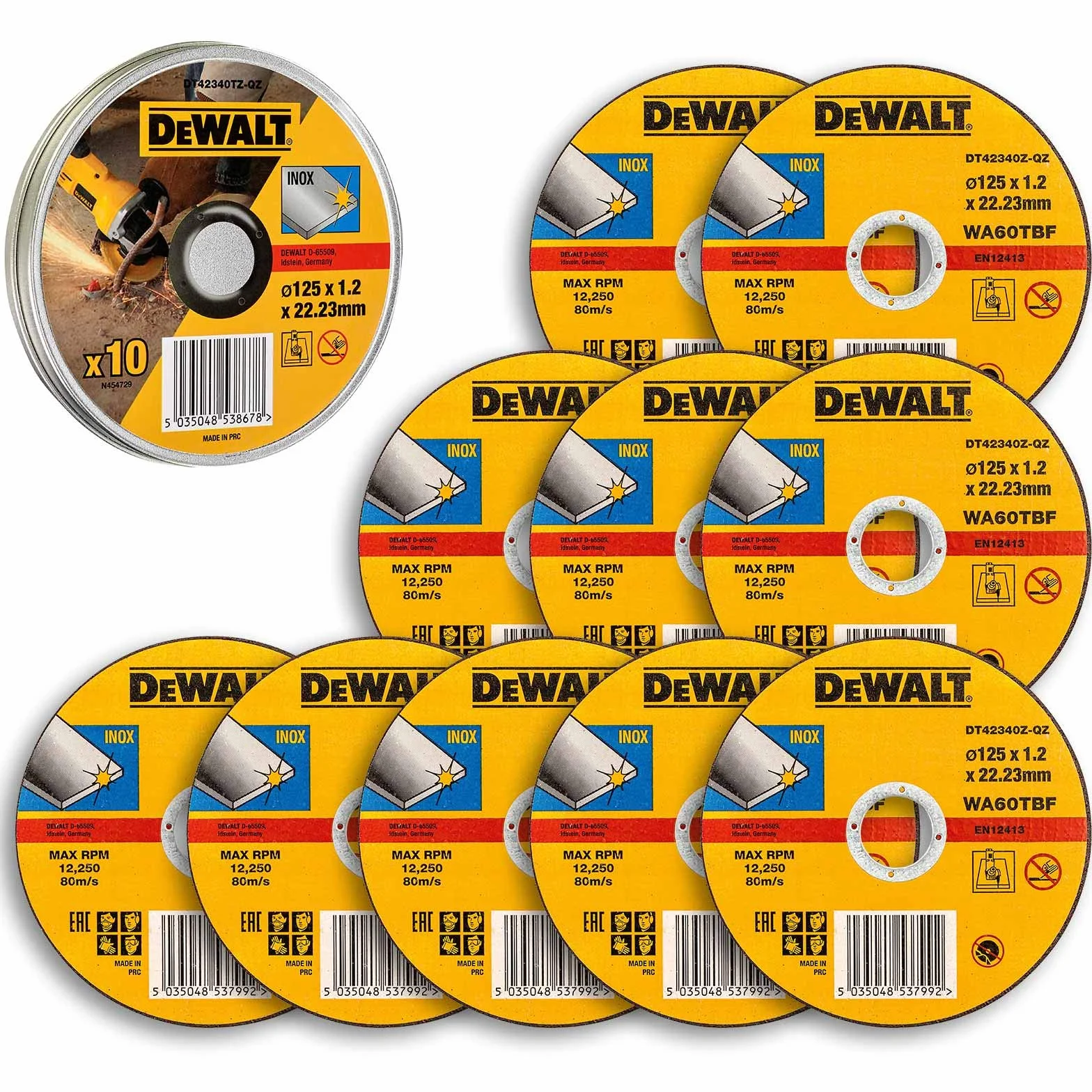 DEWALT, Zestaw 10 x tarcze do cięcia stali nierdzewnej - średnica 125mm, DT42340TZ-QZ