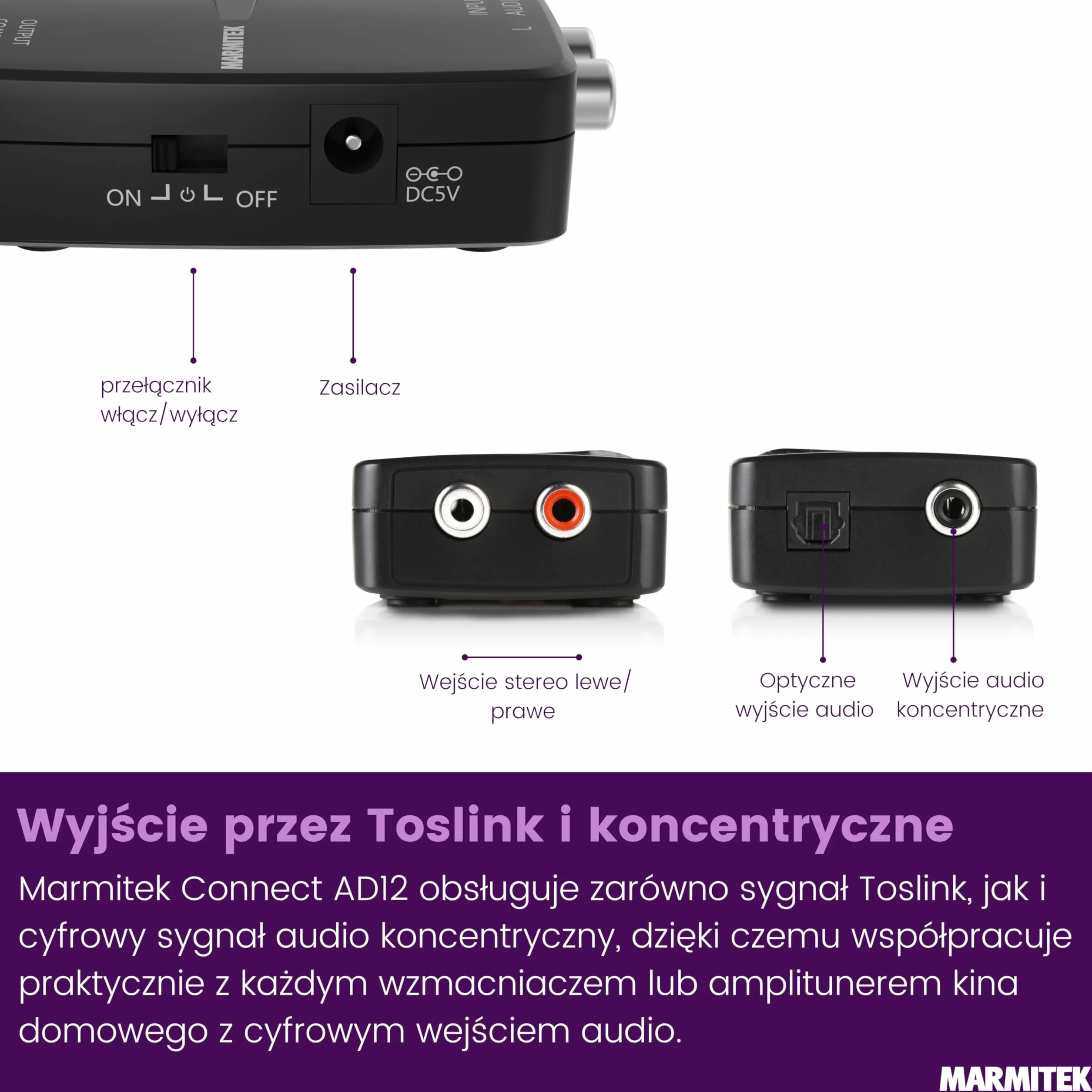 Konwerter ADC Marmitek Connect AD12 - konwerter audio z analogowego na cyfrowy do TV, wzmacniacza i soundbara - RCA na Toslink lub coaxial - stereo plug and play