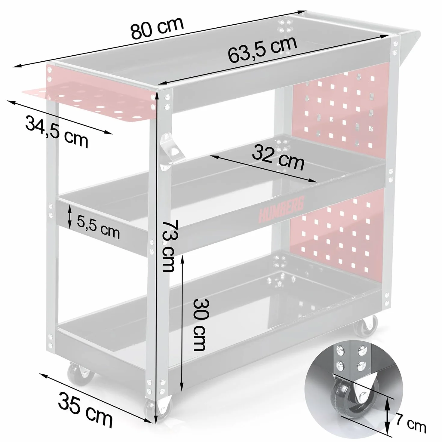 Humberg Wózek Warsztatowy do Garażu - 3-Poziomowy z 6 Haczykami - Udźwig do 300 kg - Stal i Aluminium 80 x 35 x 73 cm