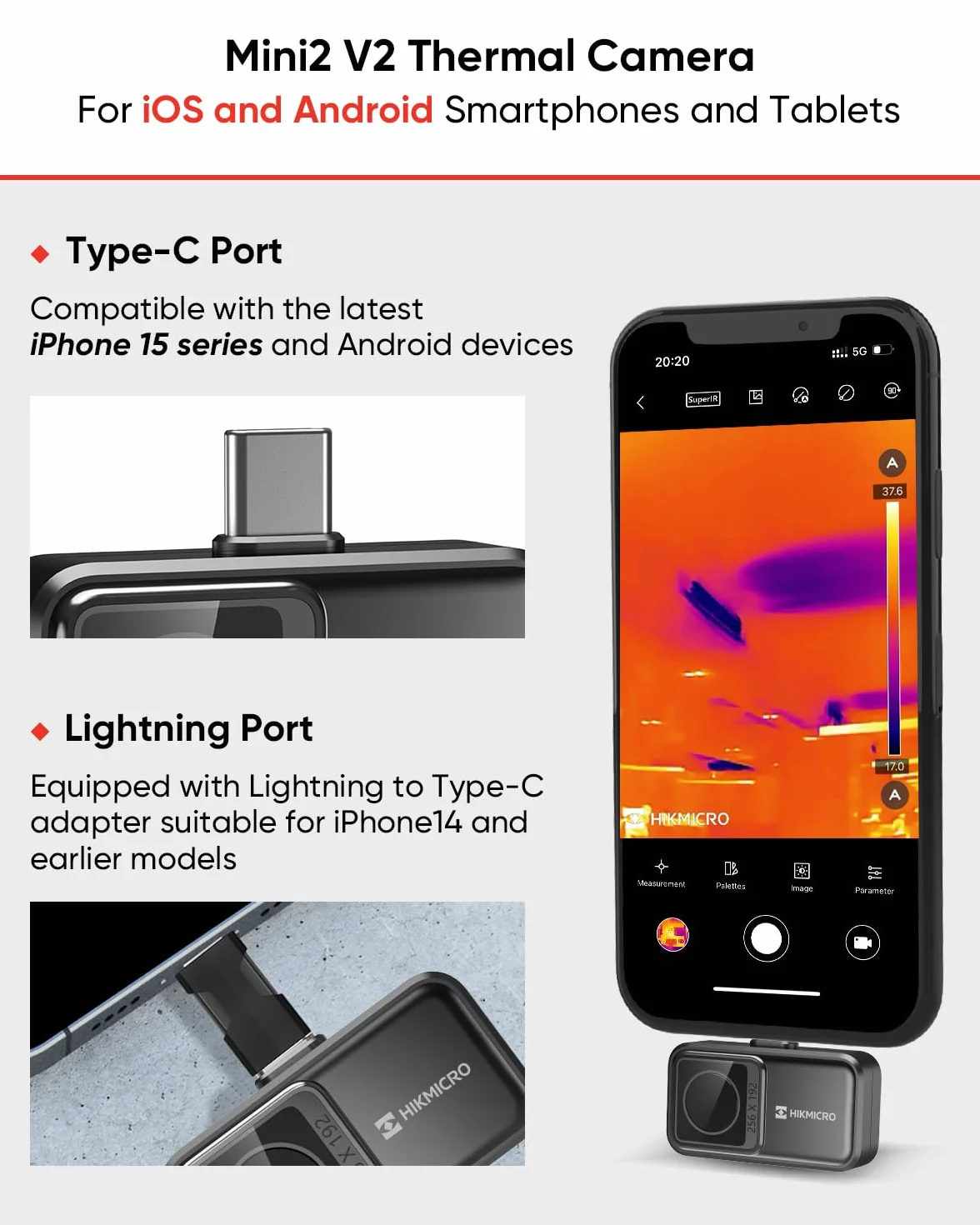 Kamera termowizyjna HIKMICRO Mini2 V2 256x192 IR SuperIR 50° USB-C Lightning