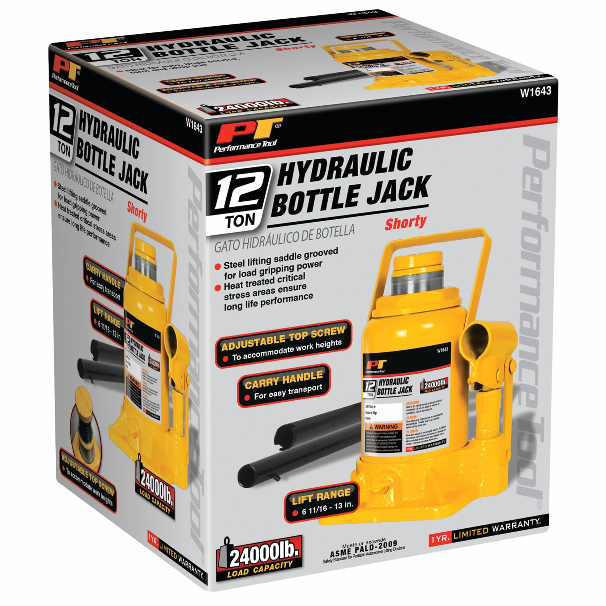 Performance Tool W1643 Heavy Duty Shorty Bottle Jack do konserwacji pojazdu, pojemność 12 ton (10,9 kg)