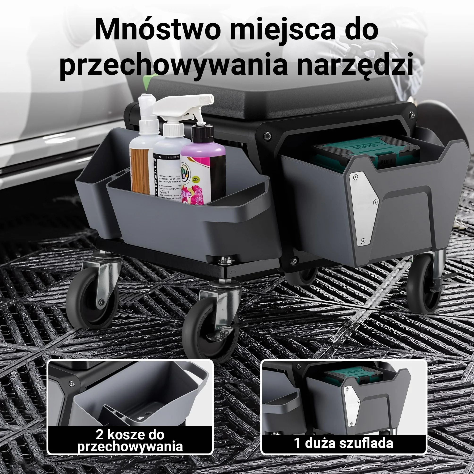 Wiltec Taboret warsztatowy do 120kg z dwoma pojemnikami i szufladą na narzędzia 53 x 38 x 38 cm do prac w warsztacie