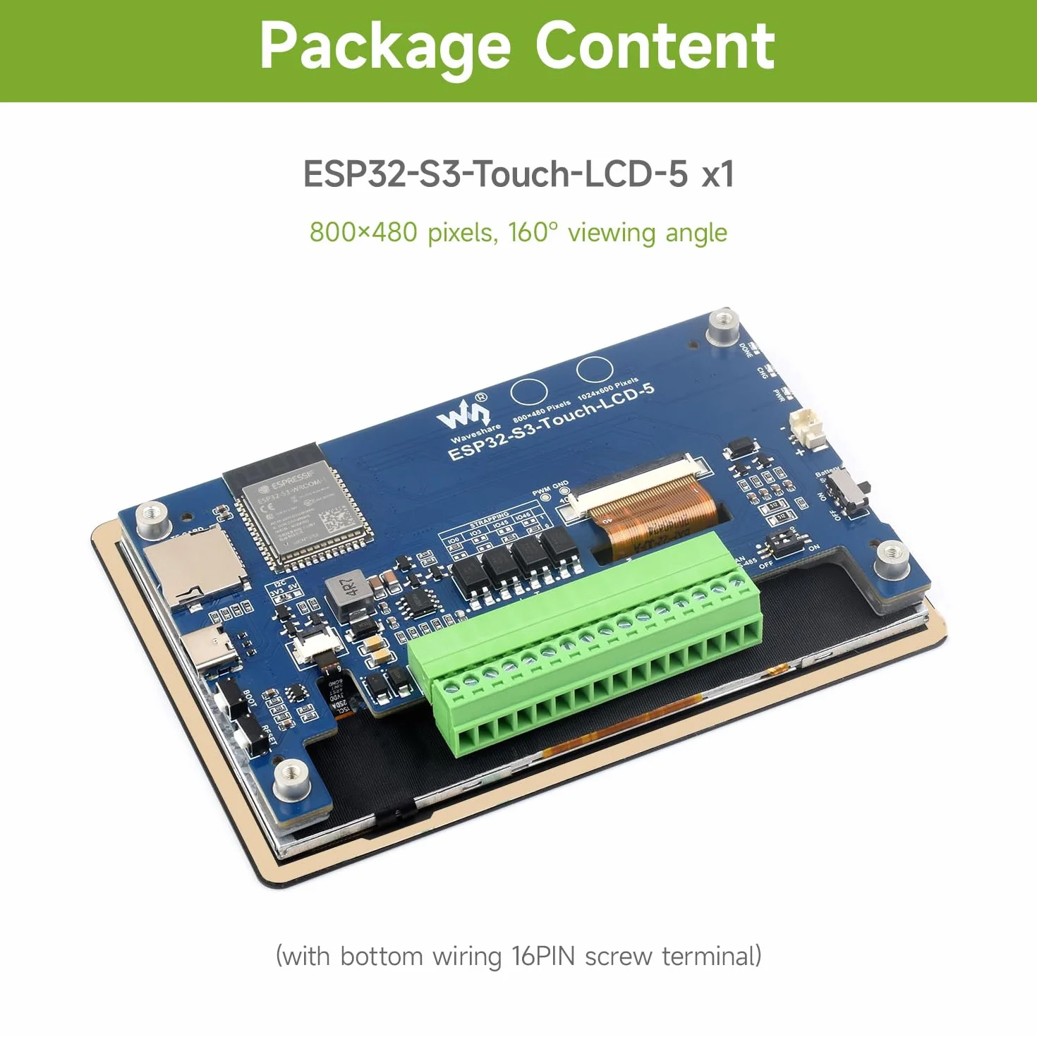 Waveshare ESP32-S3 5inch Capacitive 5Point Touch Display Development Board, 32Bit LX7 2-Core Processor 240MHz Support WiFi Onboard Antenna 800x480 160° Suitable for ESPHome/Home Assistant Project