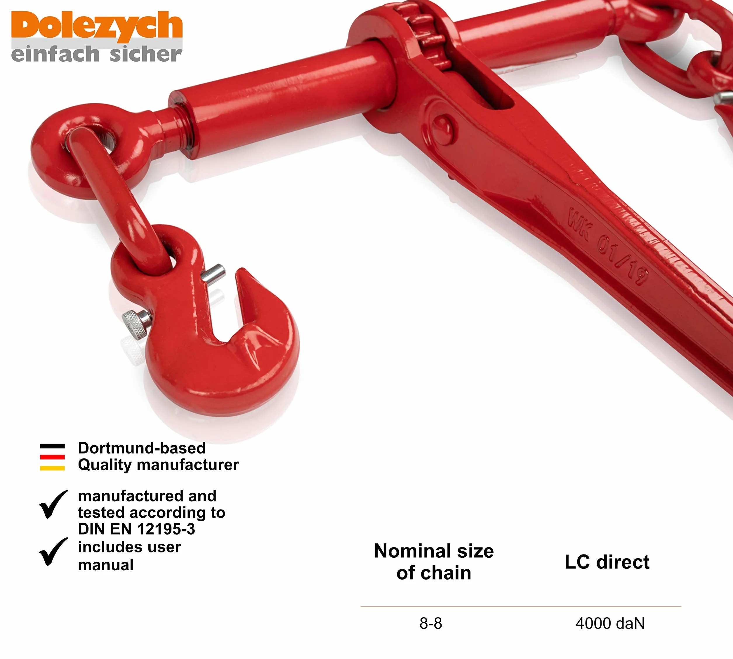 Dolezych Zacisk zapadkowy z hakiem skracającym do łańcucha 8 mm, LC 4000 daN - czerwony