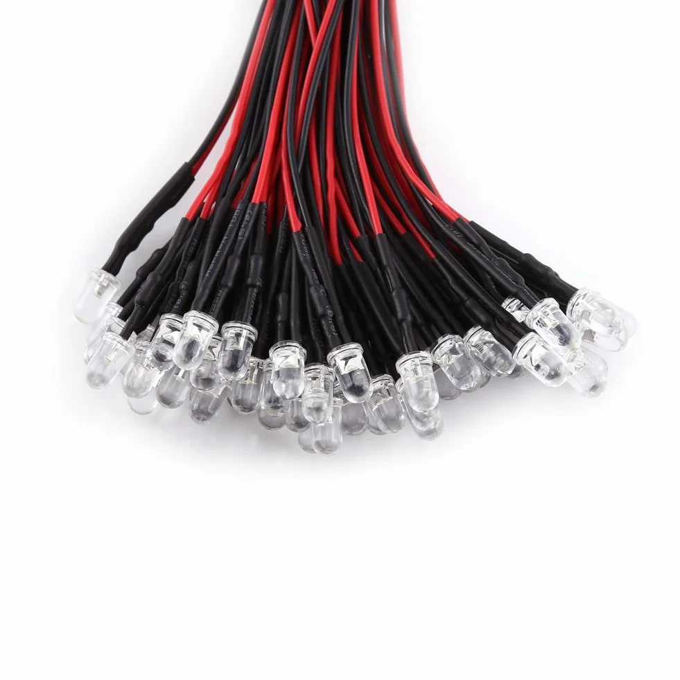 50Pcs 3/5/10mm Pre-Wired Round Water Clear Emitting Diode LED Lights DC 9-12V (White Light-5mm)