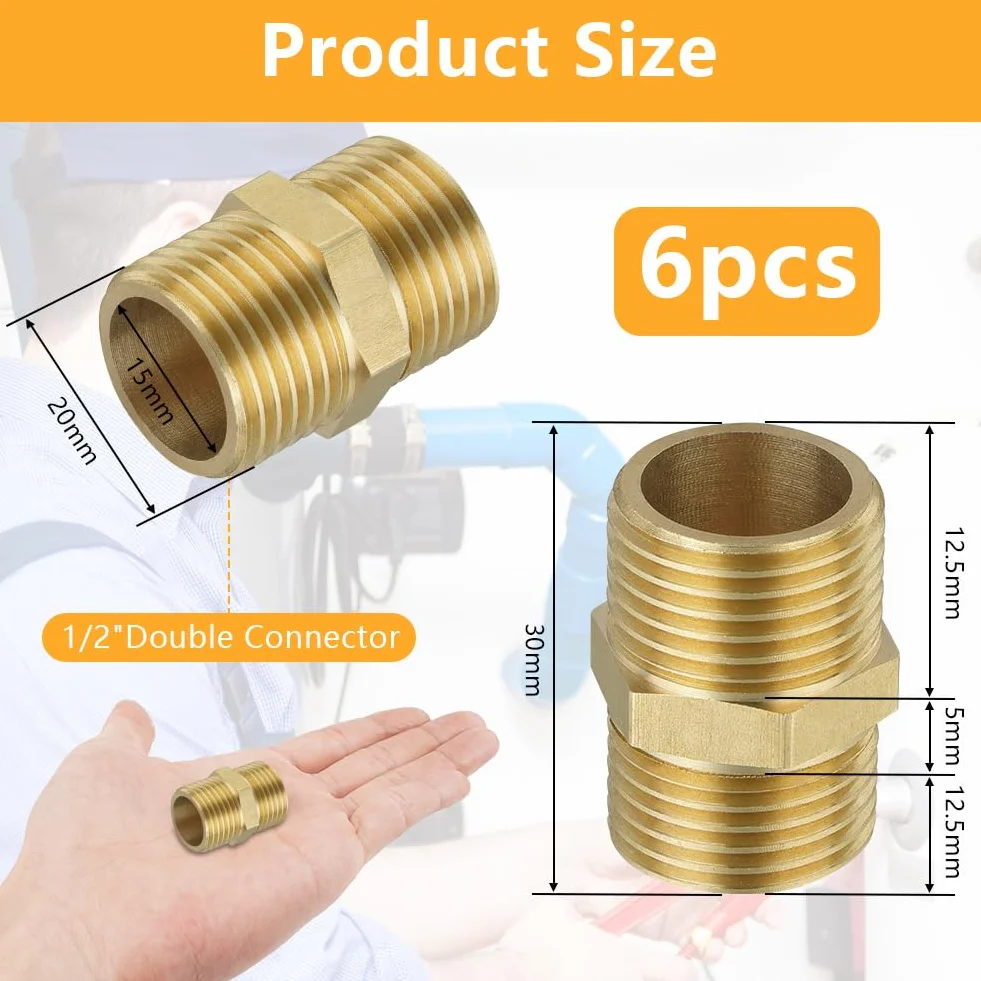Flintronic Mosiężna złączka podwójna G1/2 cala (Ø 20 mm), 6 sztuk, z uszczelkami gumowymi, złączkami sześciokątnymi, okuciami mosiężnymi, do zaworów