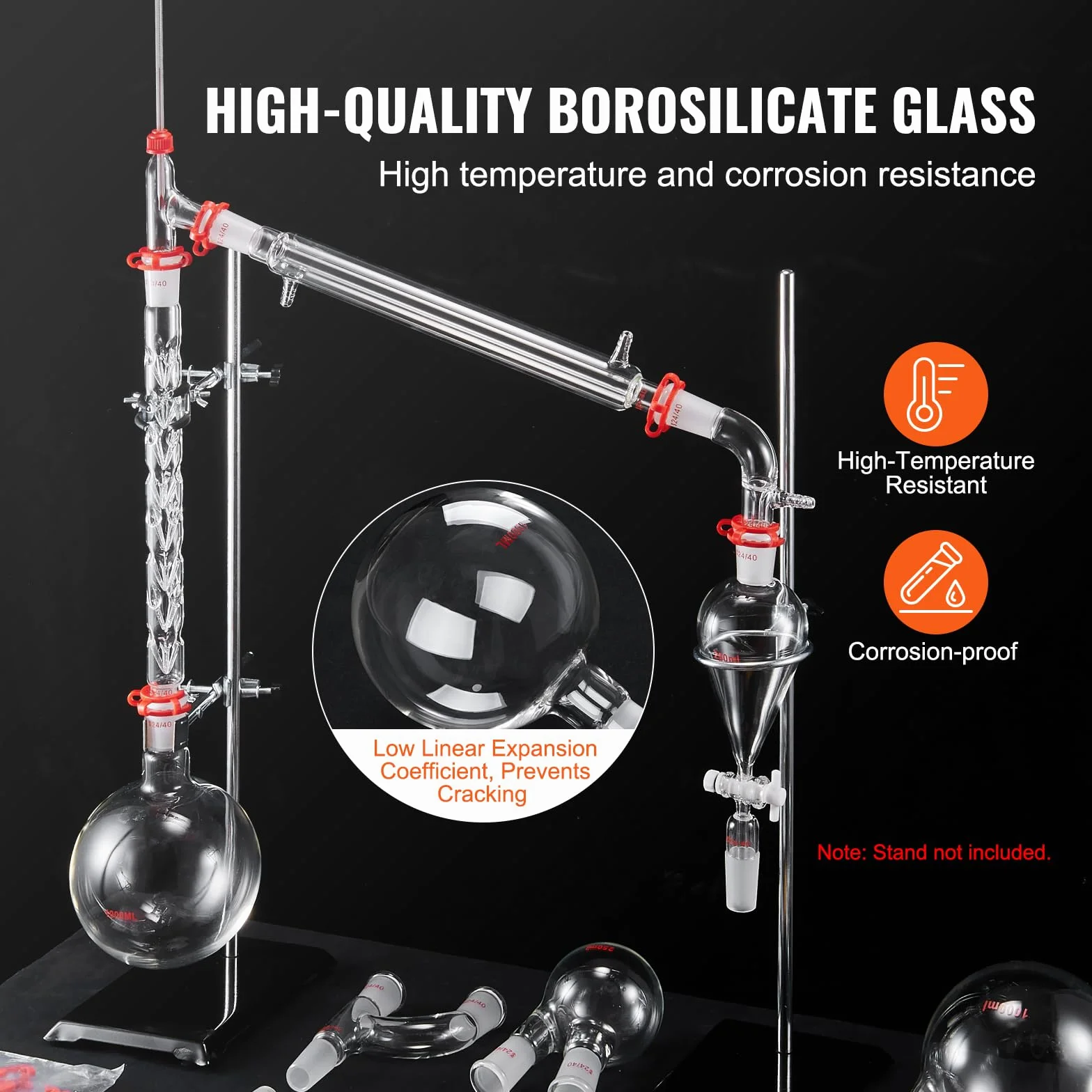 VEVOR Zestaw do destylacji laboratoryjnej, szkło boro, 24/40 połączenia, 1000 ml, 29-częściowy
