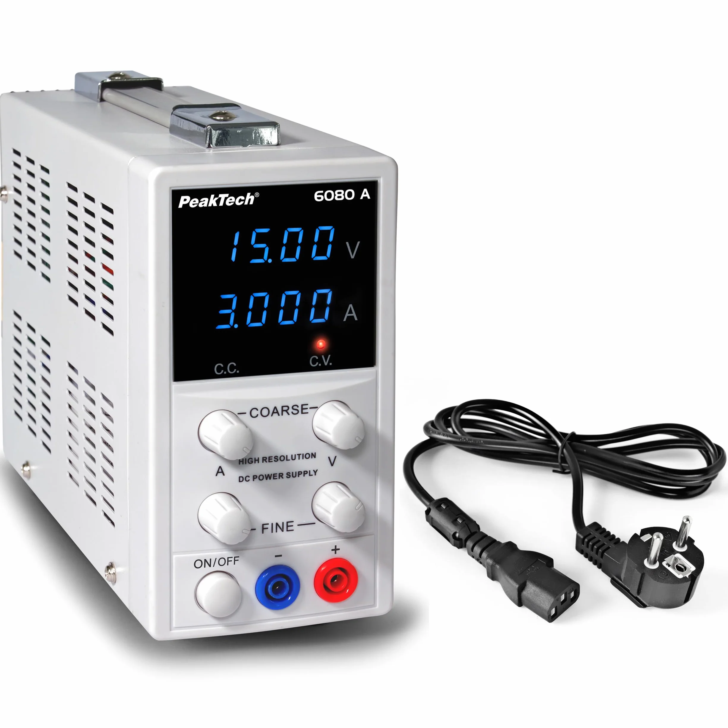 PeakTech P 6080 A - Liniowy zasilacz laboratoryjny DC, 0-15 V/ 0-3 A, z wyświetlaczem LED
