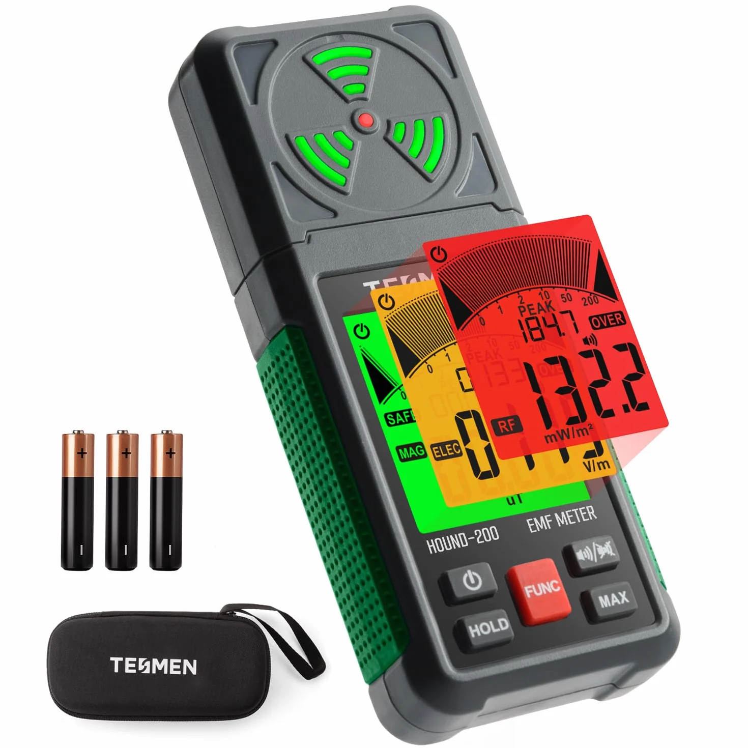 TESMEN Hound-200 Miernik EMF, przenośny czujnik promieniowania pola elektromagnetycznego 3 w 1 do EF RF MF, używany do domowych i zewnętrznych inspekcji EMF oraz polowania na duchy, zielony