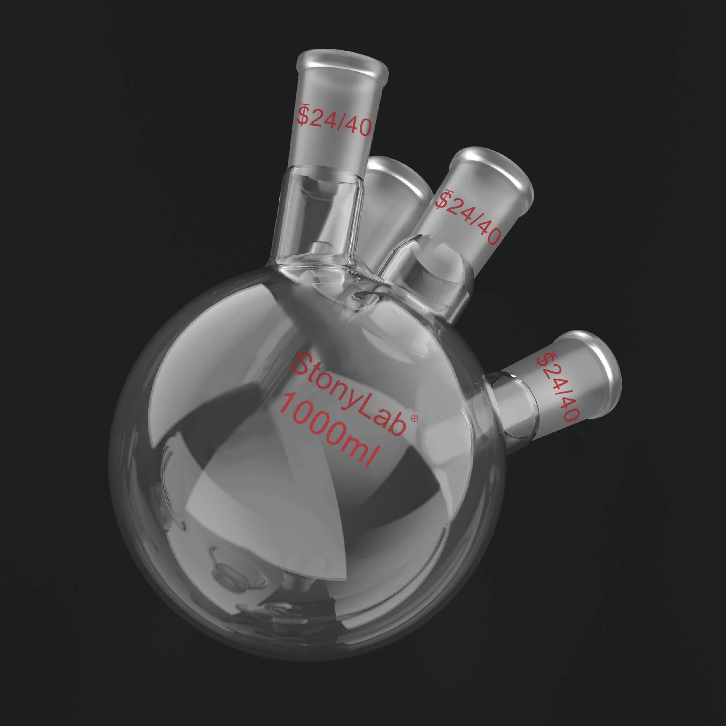 Butelka RBF z 4 szyjkami, okrągła podstawa, ciężka ścianka, szkło borokrzemowe, 1000 ml, standardowy stożek 24/40