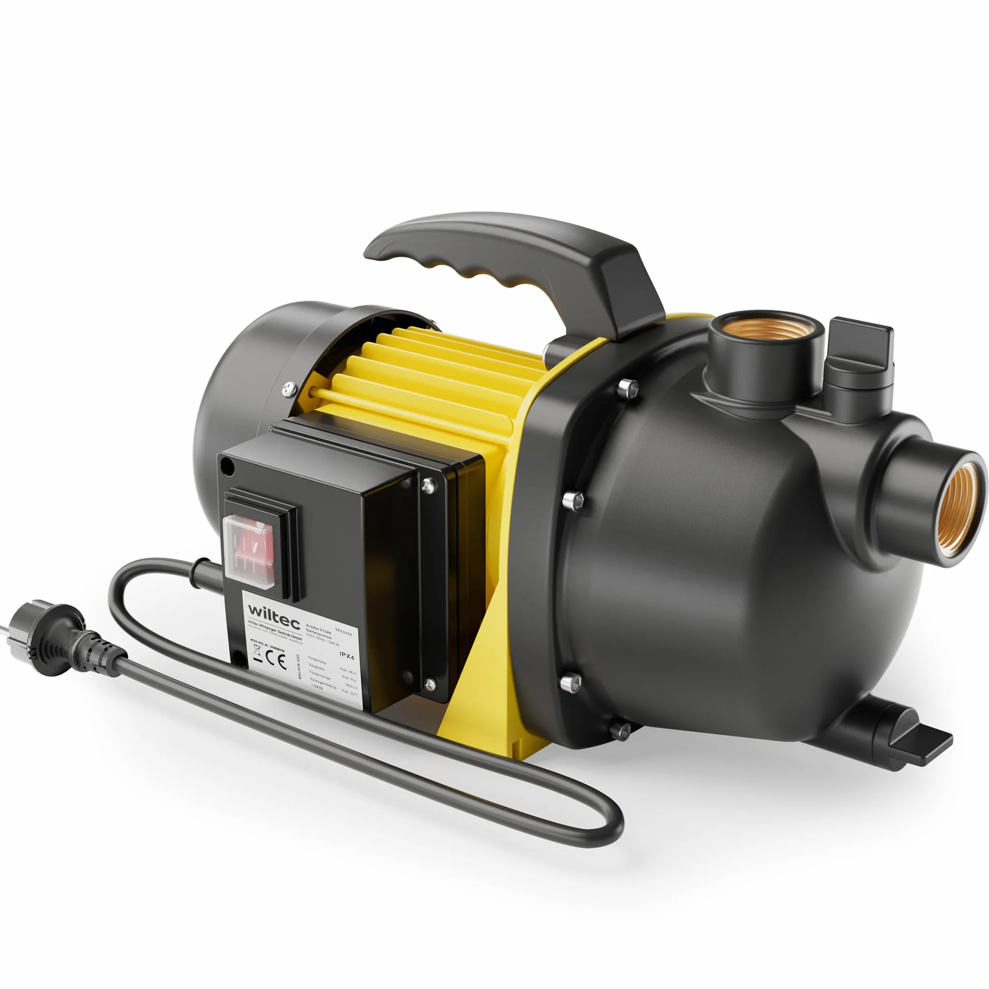 Wiltec Pompa ogrodowa samozasysająca 1200 W, wydajność 3800 l/h do wody deszczowej i studni, trwała pompa powierzchniowa do podlewania ogrodu