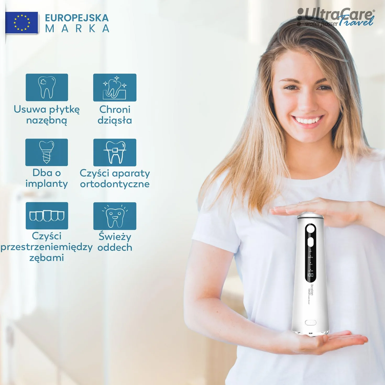 Aquapik® Travel przenośny irygator dentystyczny UltraCare | Usuwa płytkę nazębną + zalecany przez dentystów + Dbaj o implanty i ortodoncję | 8 ustników + 4 tryby użytkowania + zbiornik 300 ml (biały)