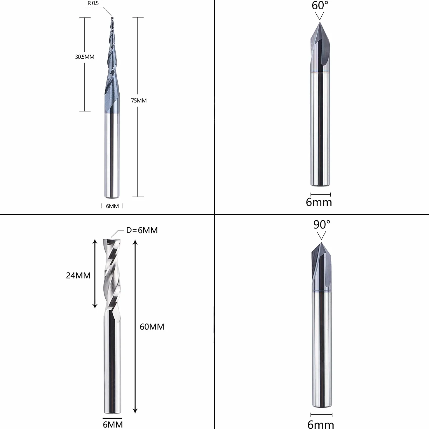 SpeTool Zestaw 4 frezów 6 mm trzpień z twardego metalu VHM CNC frez do rowków V do grawerowania drewna