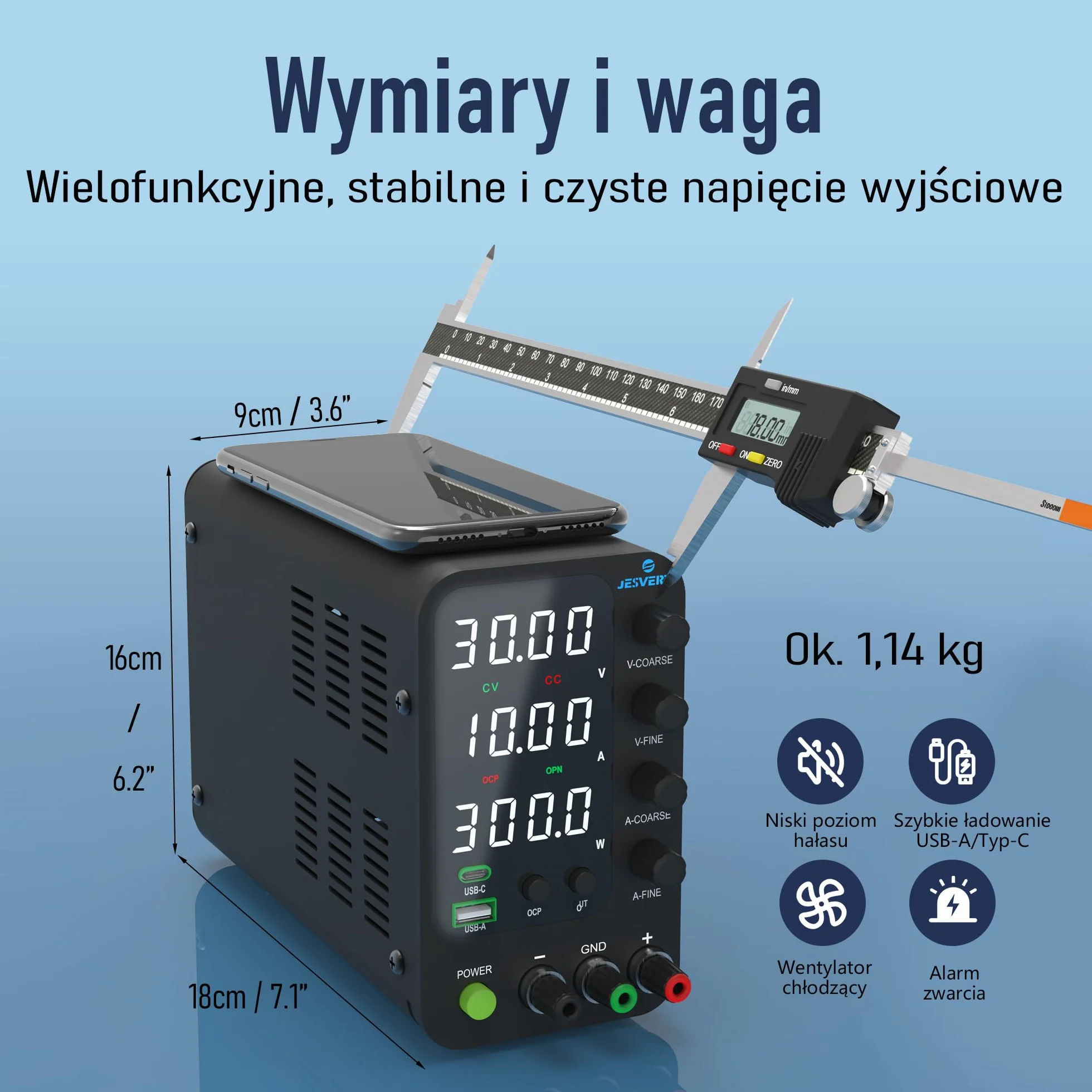 Zmienny zasilacz DC, 0-32V 0-10A Regulowany przełączany zasilacz stołowy z regulacją DC z szybkim ładowaniem USB i typem C, pokrętło enkodera, włącznik/wyłącznik wyjścia, 4-cyfrowy wyświetlacz LED
