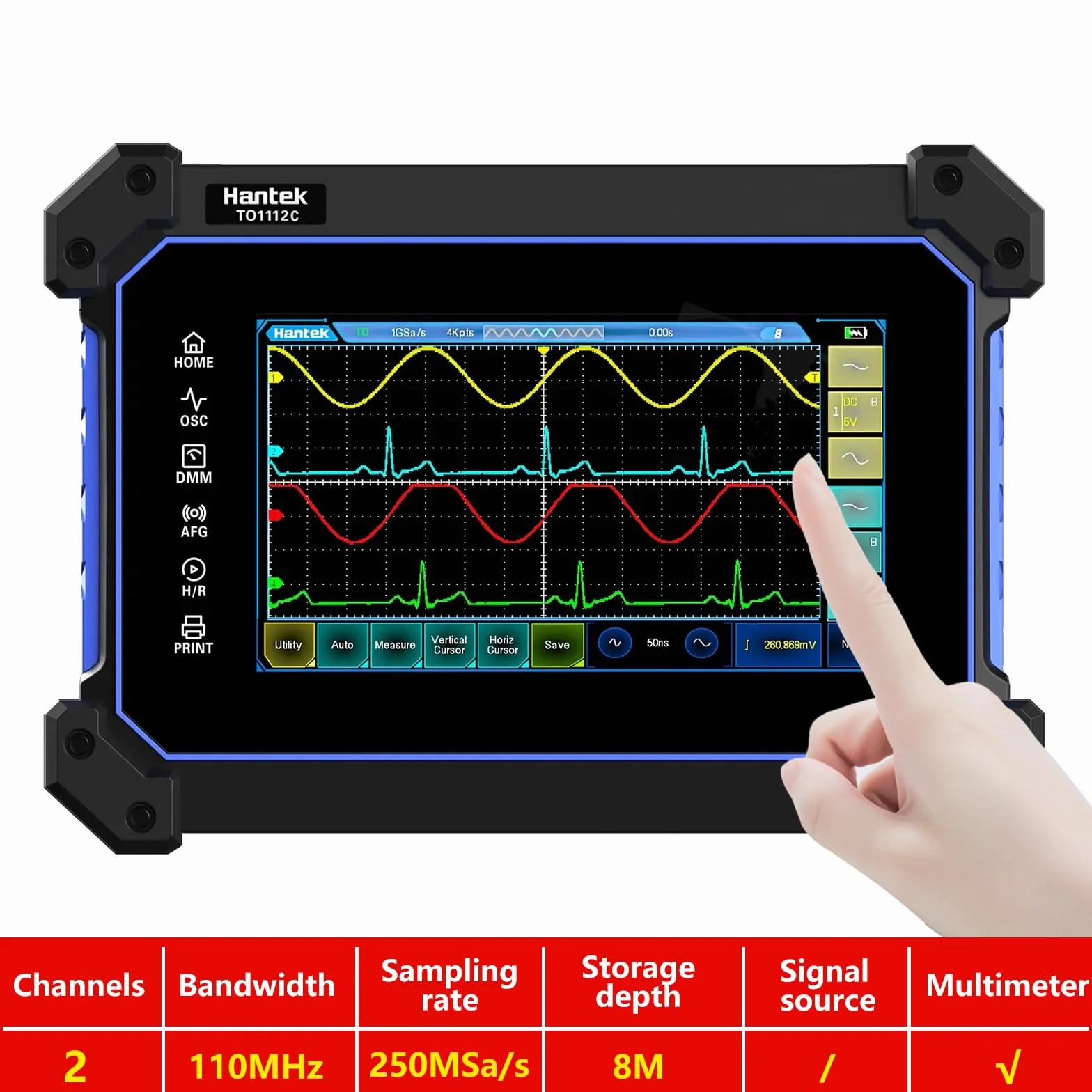 Hantek TO1112C Oscyloskop cyfrowy z ekranem dotykowym, 2 kanały, 110 MHz, cyfrowy oscyloskop + multimetr