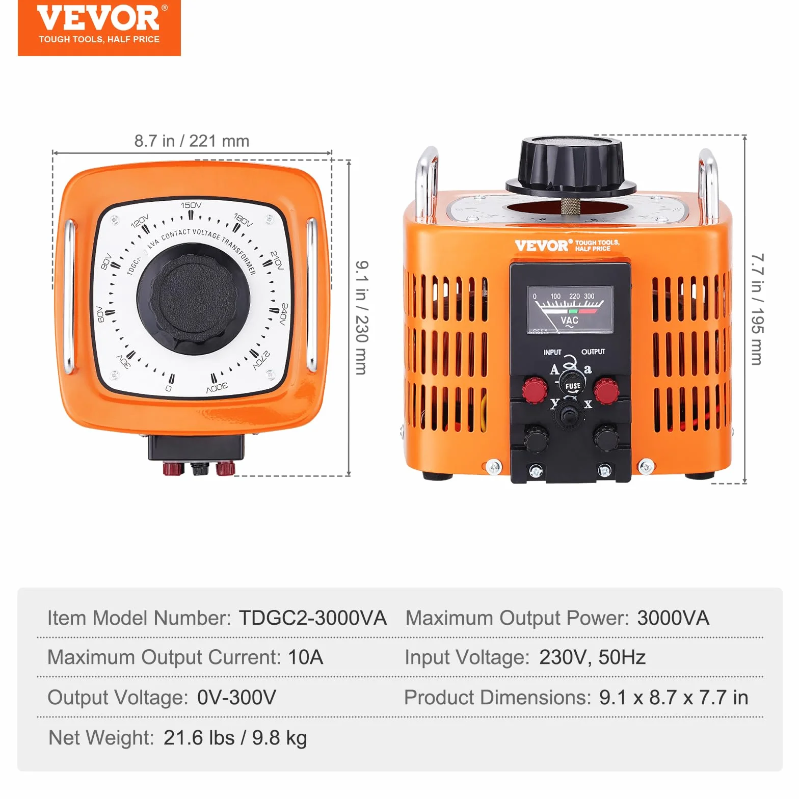 VEVOR Automatyczny transformator napięcia 3000 VA, 10 A, wejście 230 V, wyjście 0-300 V, regulator napięcia AC, 4 bezpieczniki, termiczny przełącznik sterujący do domu, biura