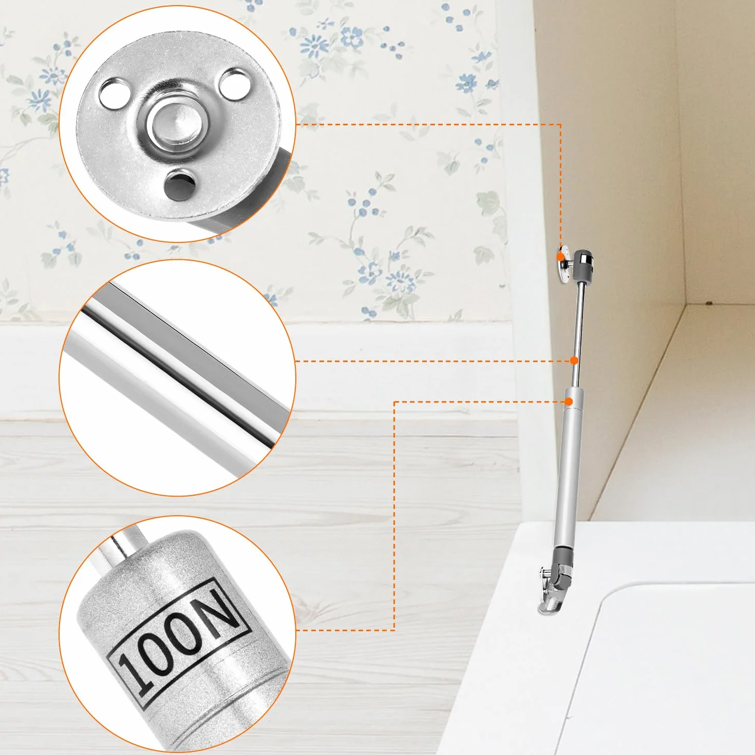 QWORK® Zestaw 4 sprężyn gazowych, 100 N/10 kg, srebrne zawiasy amortyzatora gazowego, do drzwi szafek kuchennych