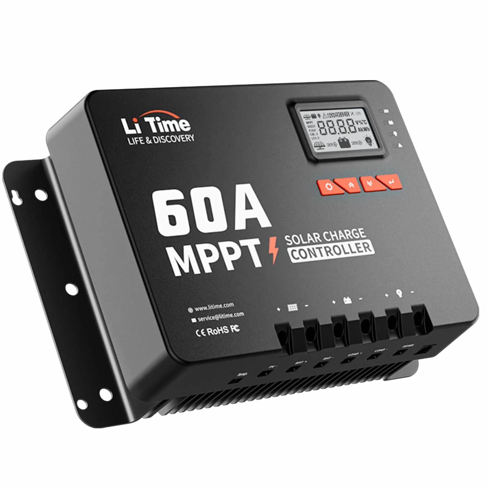 LiTime MPPT solarny regulator ładowania 60 A, 12 V/24 V/36 V/48 V, maks. 3200 W, adapter Bluetooth, regulowany wyświetlacz LCD, wyświetlacz LED do baterii litowej