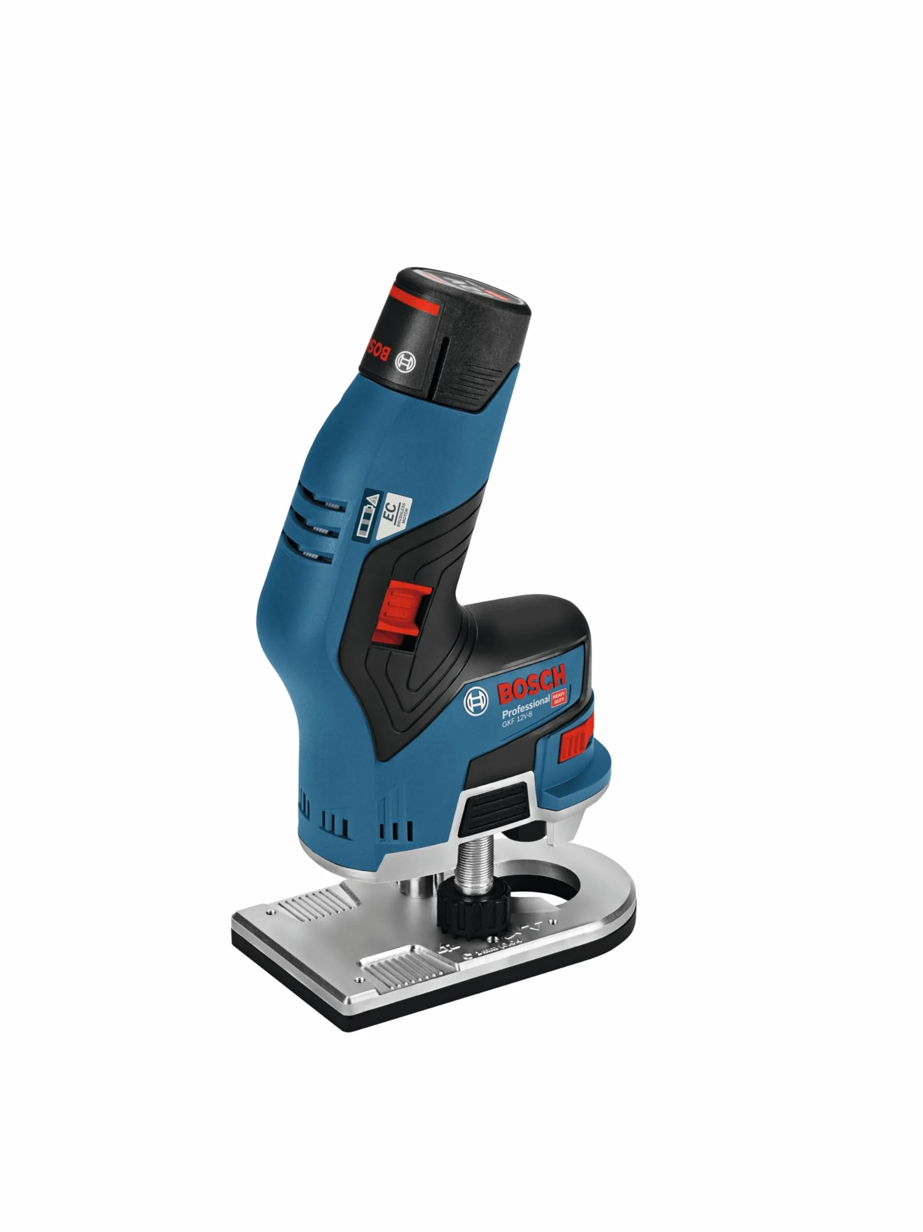 Bosch Professional system 12V: akumulatorowa frezarka krawędziowa GKF 12V-8 (tuleja zaciskowa, klucz płaski, frez do zaokrągleń, frez do krawędzi, walizka L-BOXX)