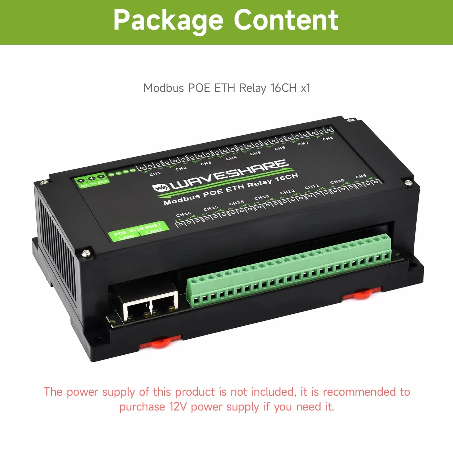 Waveshare 16-Ch Ethernet Relay Module Modbus RTU/TCP PoE Industrial Rail-Mount