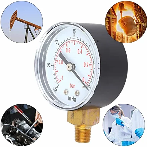 Manometr Próżniowy 1/8 Cala Bspt Z Przyłączem Podłogowym, Czujnik Zegarowy 50 Mm, Manometr 1-0Bar ​​-30-0Inhg Z Podwójną Skalą Do Pomiaru Powietrza, Wody, Oleju I Gazu