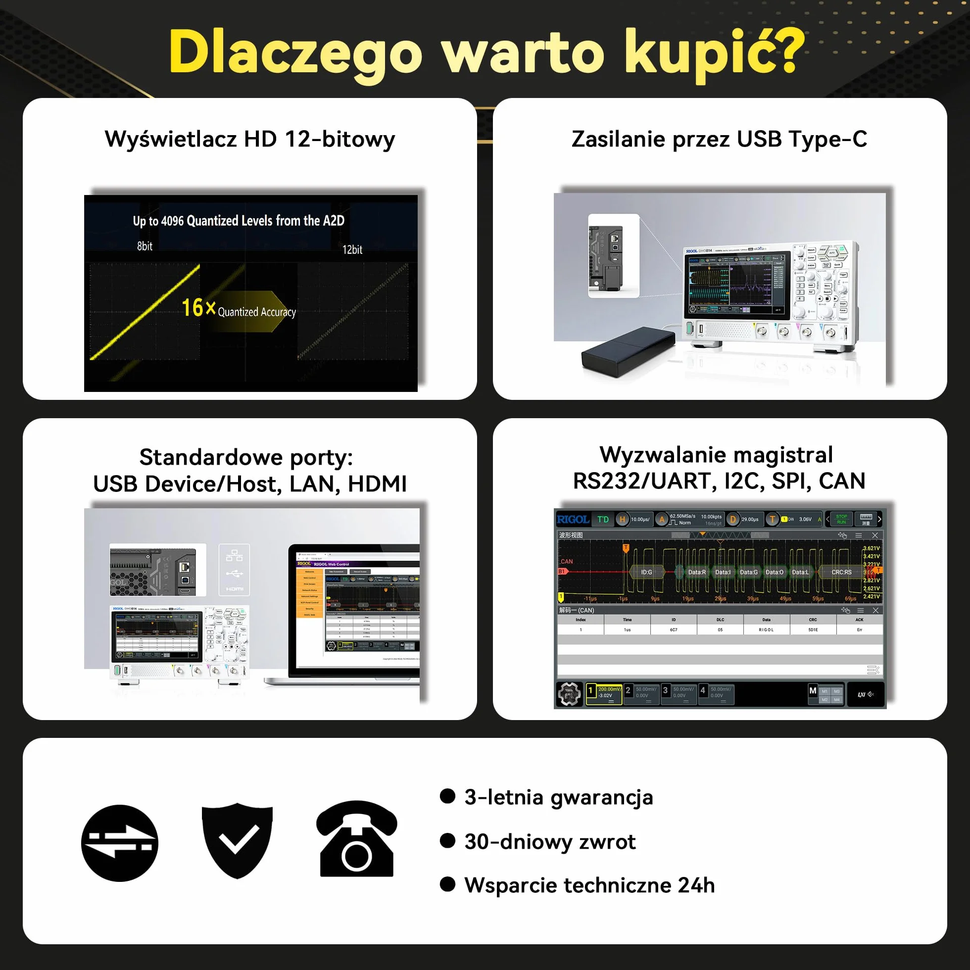RIGOL Oscyloskop,DHO804 Przenośny Cyfrowy Oscyloskop,pasmo przenoszenia 70 MHz,4 kanały analogowe, Rozdzielczość pionowa 12 bitów,niski poziom szumów,obsługa zasilania przenośnego