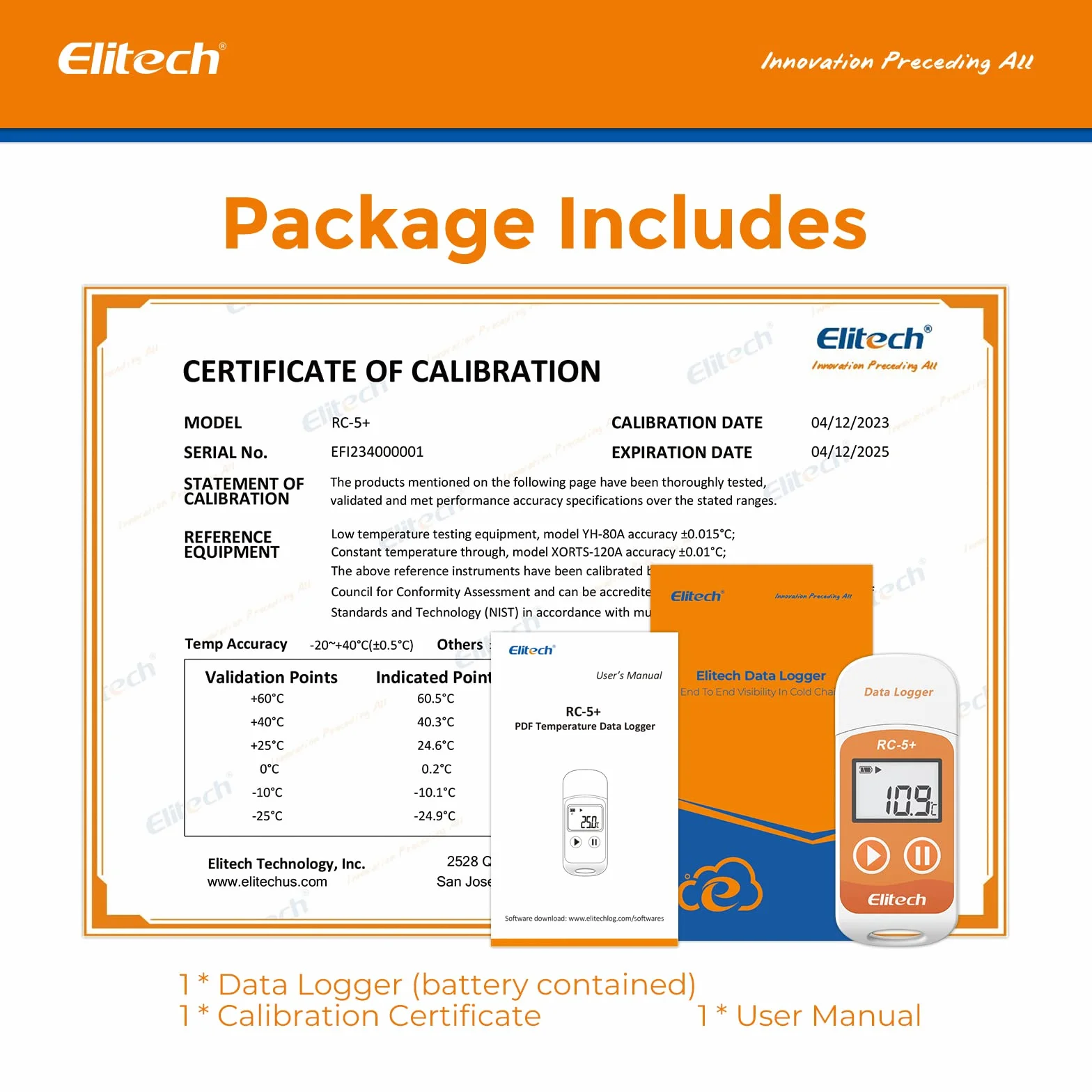 Elitech Rejestrator temperatury RC-5 +, rejestrator temperatury USB z automatycznym raportem PDF i CSV, wyświetlacz LCD rejestrator temperatury 32000 punktów do łańcucha chłodniczego