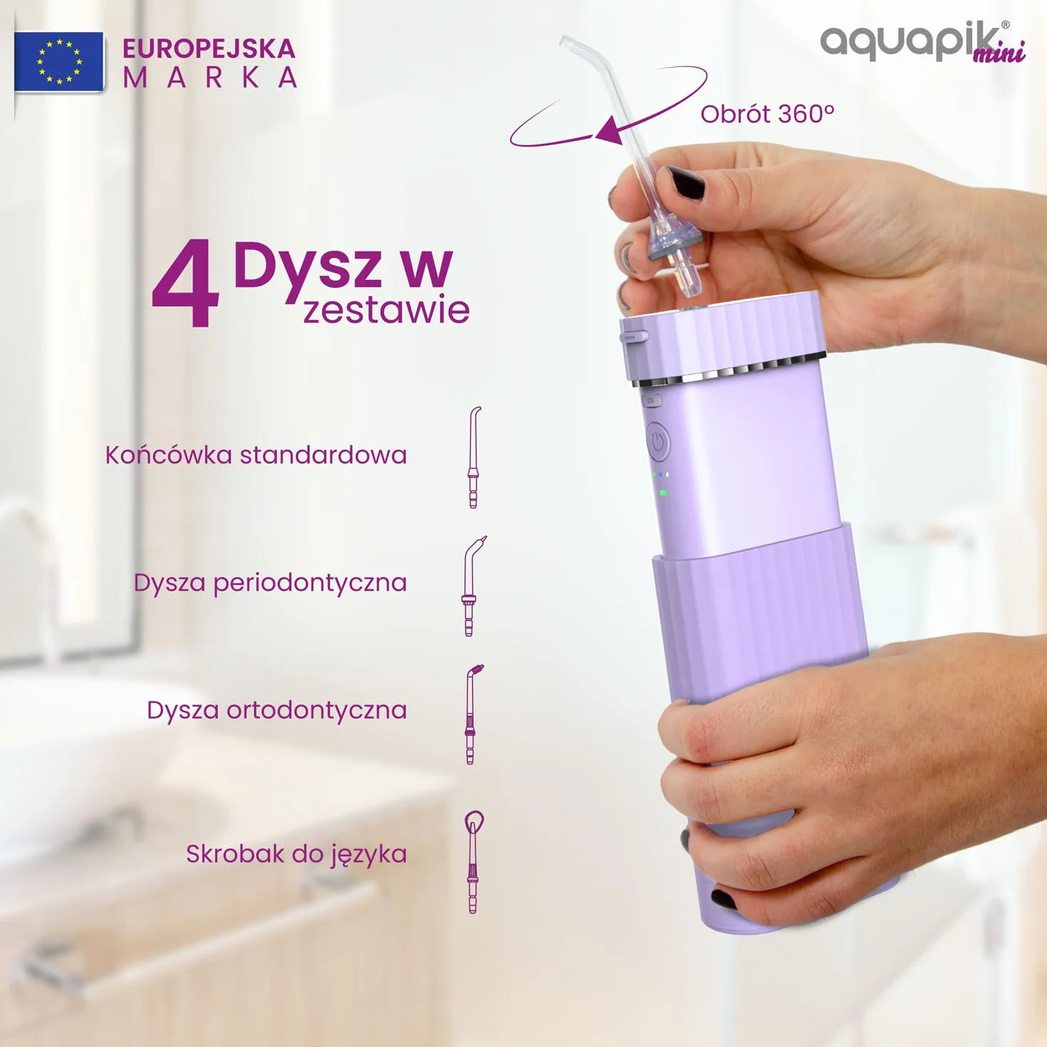 Aquapik Mini przenośny irygator dentystyczny. 3 tryby użytkowania, wodoodporny IPX7, 4 dysze w zestawie, akumulator i kompaktowy, idealny w podróży, polecany przez dentystów dla całej rodziny